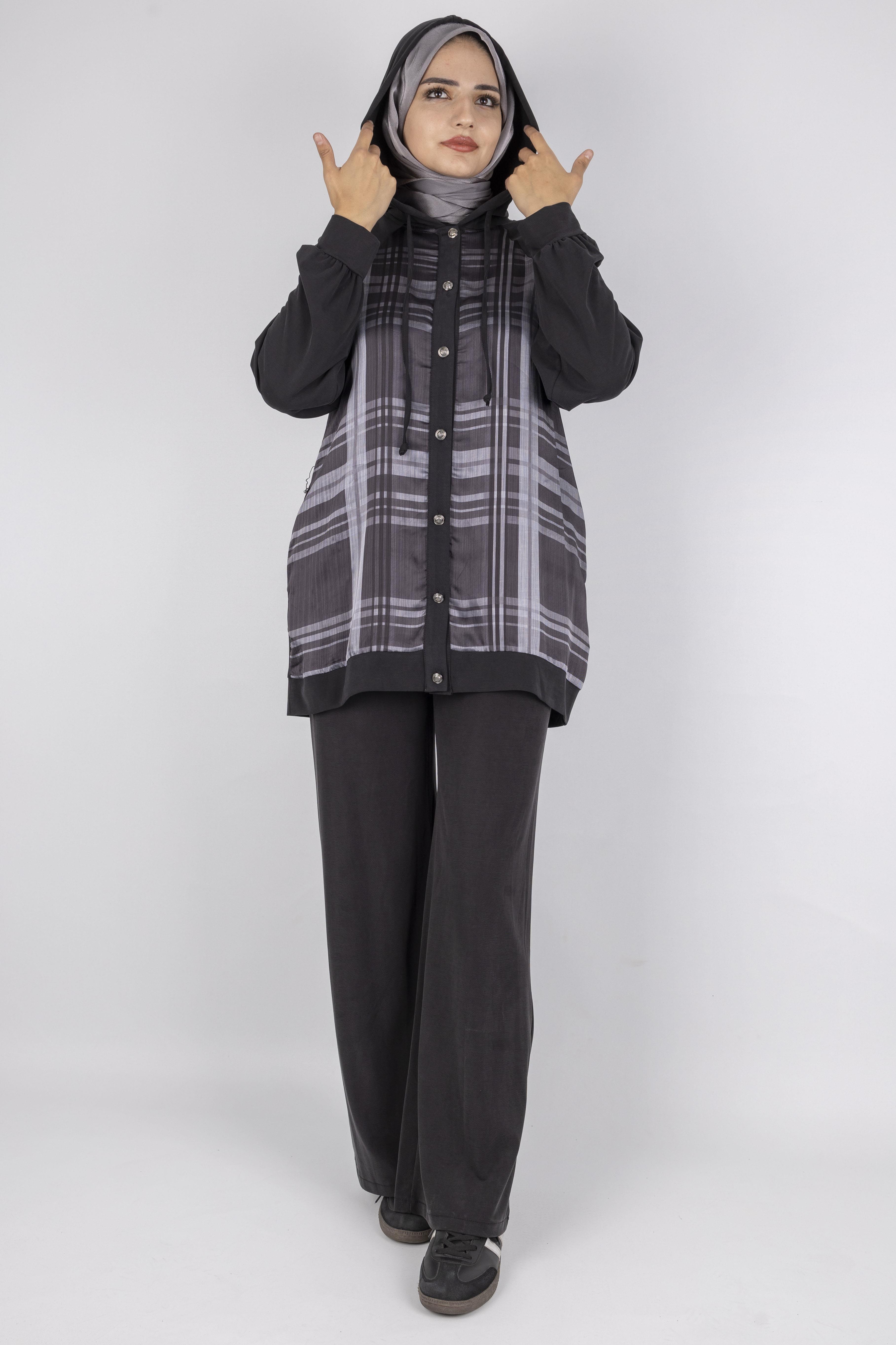 Ekose Desenli Düğmeli Üçlü  Takım Siyah OTW8568