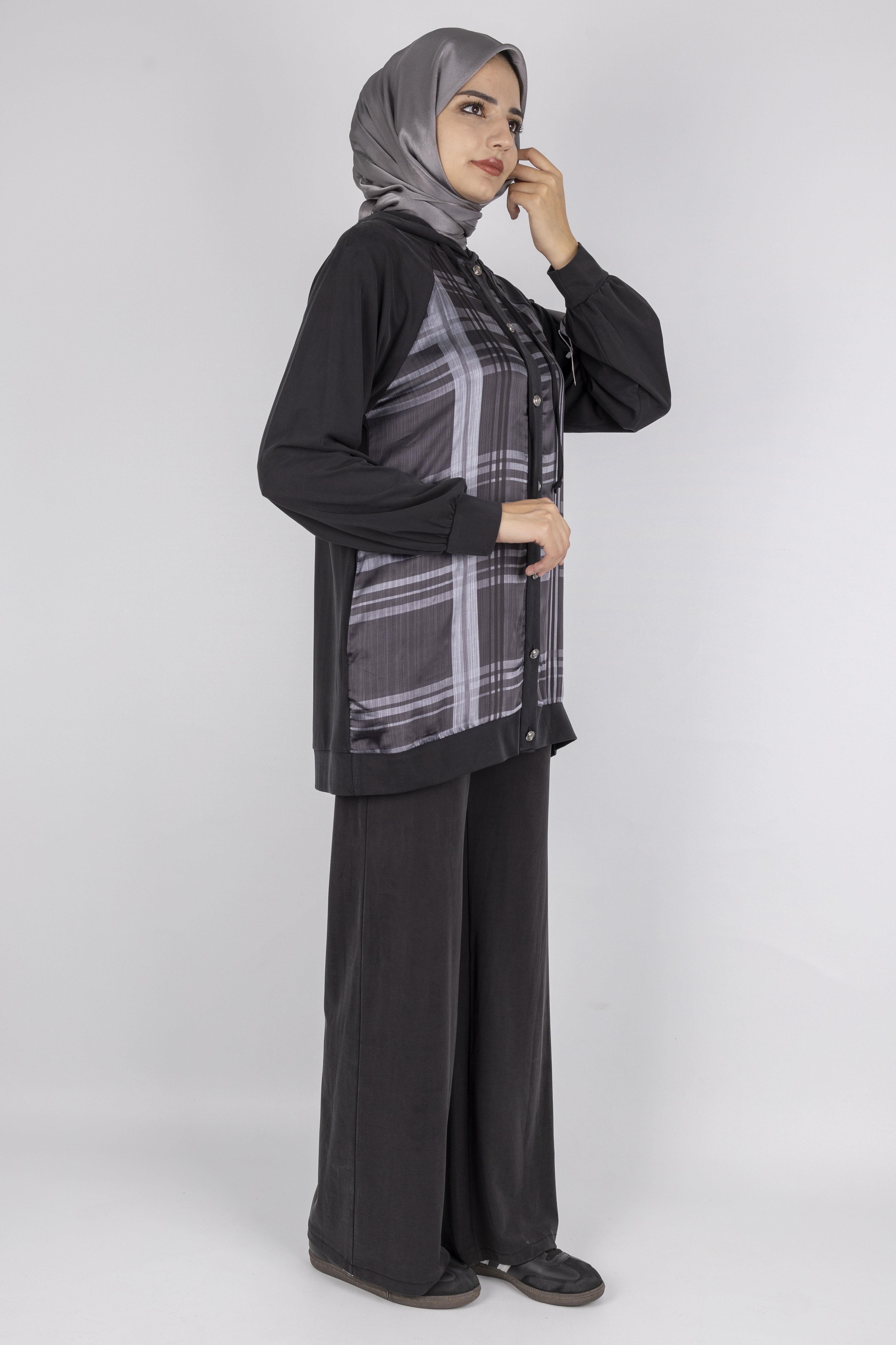 Ekose Desenli Düğmeli Üçlü  Takım Siyah OTW8568