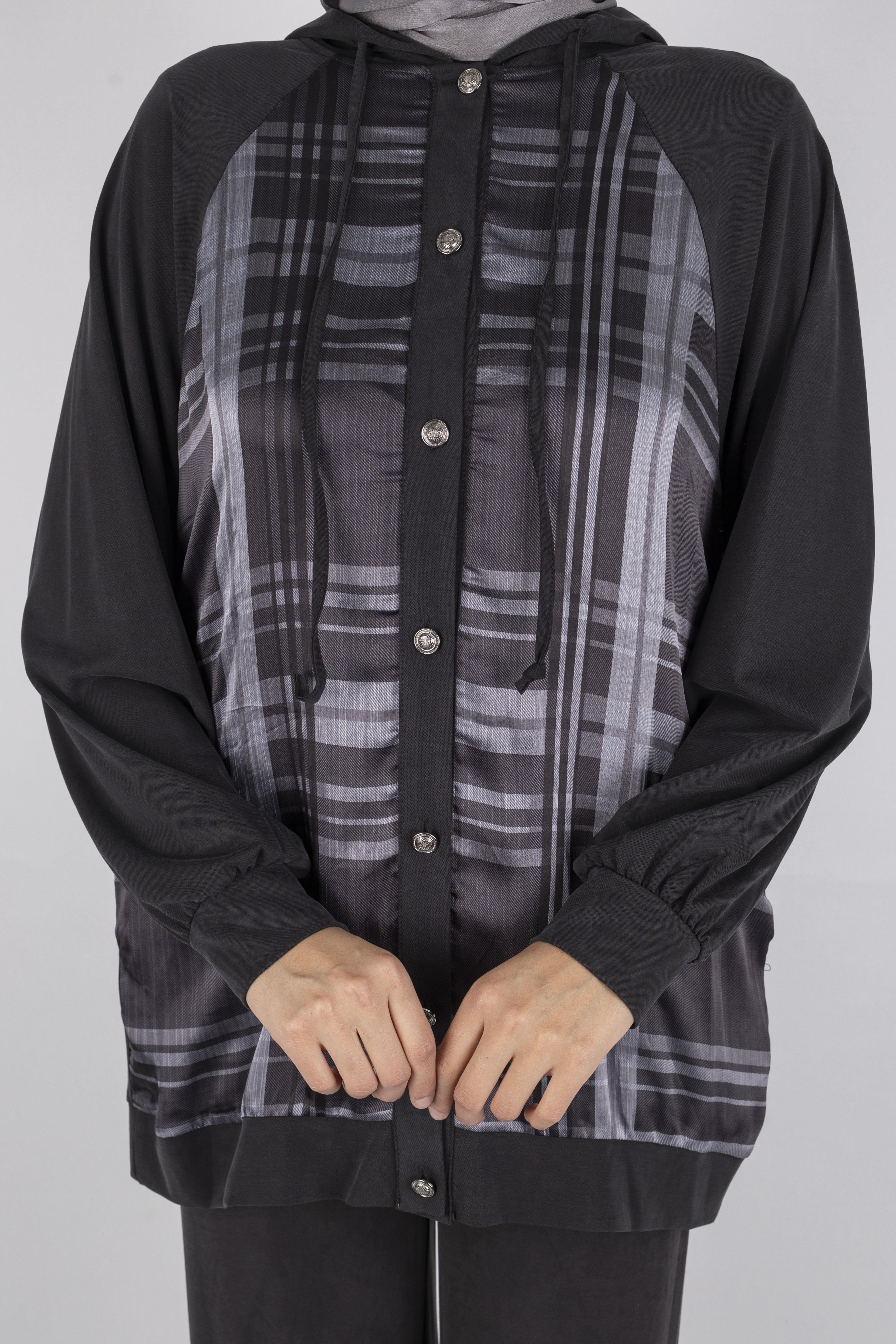 Ekose Desenli Düğmeli Üçlü  Takım Siyah OTW8568