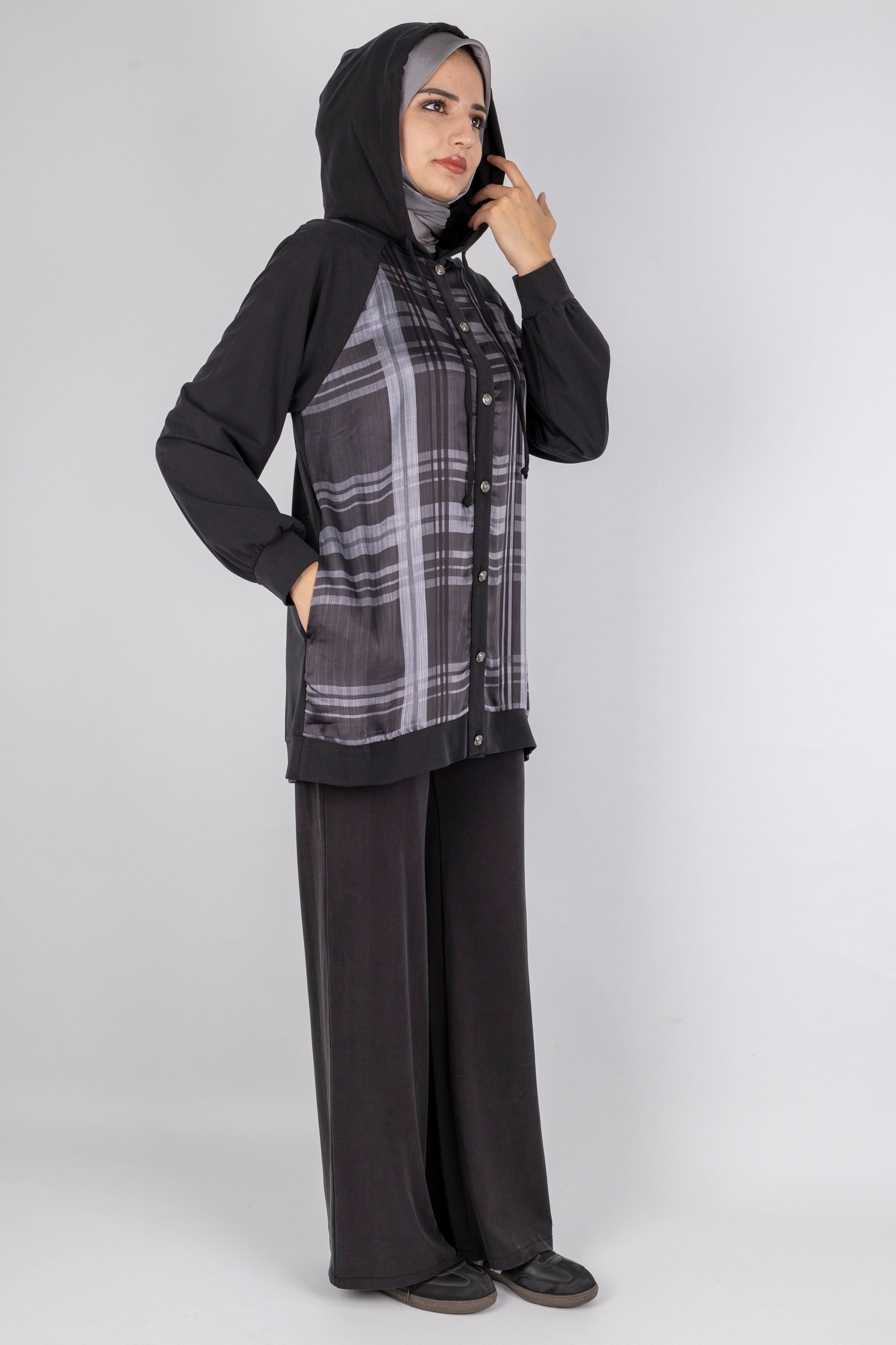 Ekose Desenli Düğmeli Üçlü  Takım Siyah OTW8568