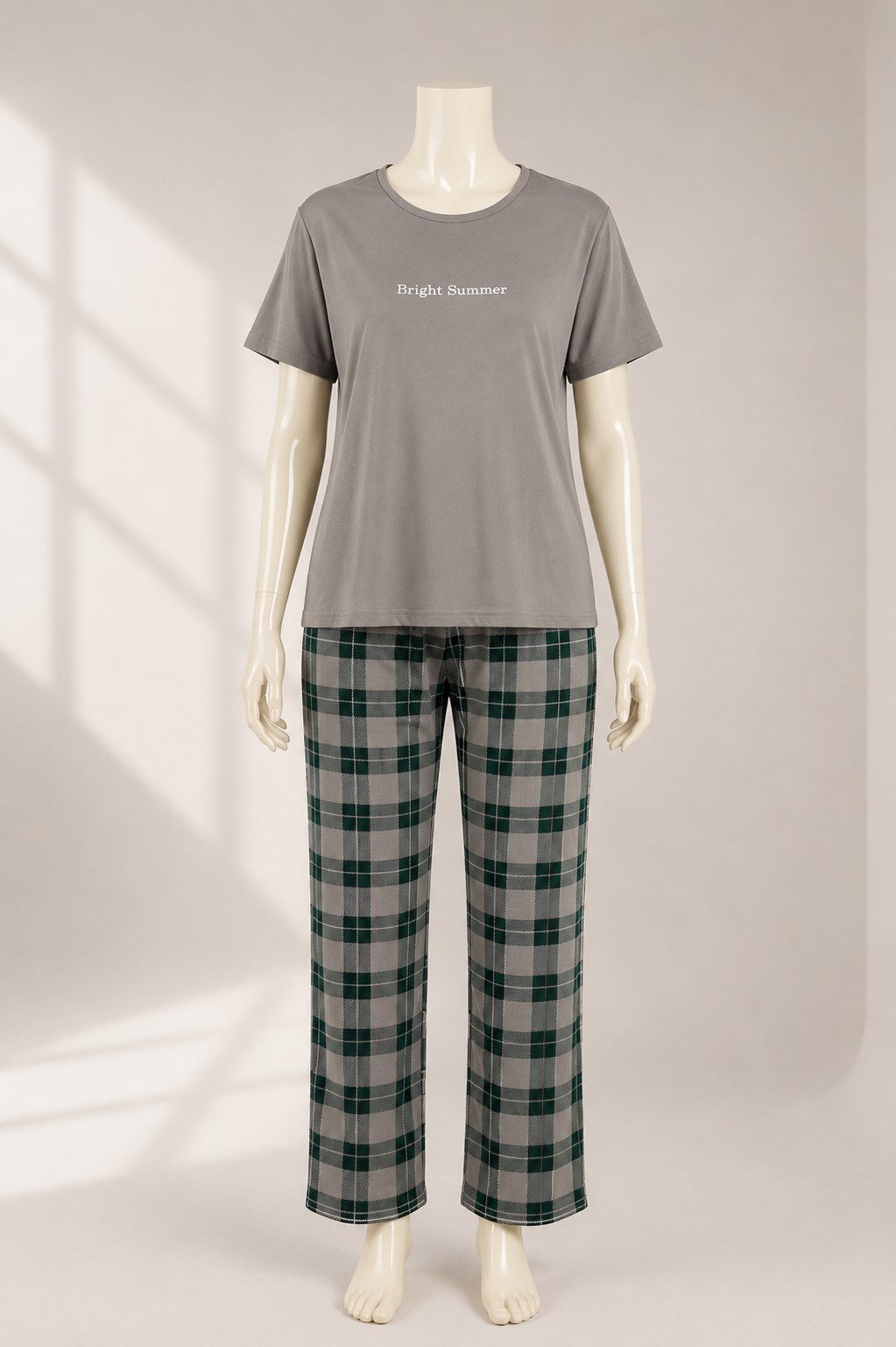 Ekose Pantolonlu Kısa Kollu Pijama Takımı Gri OTW50502
