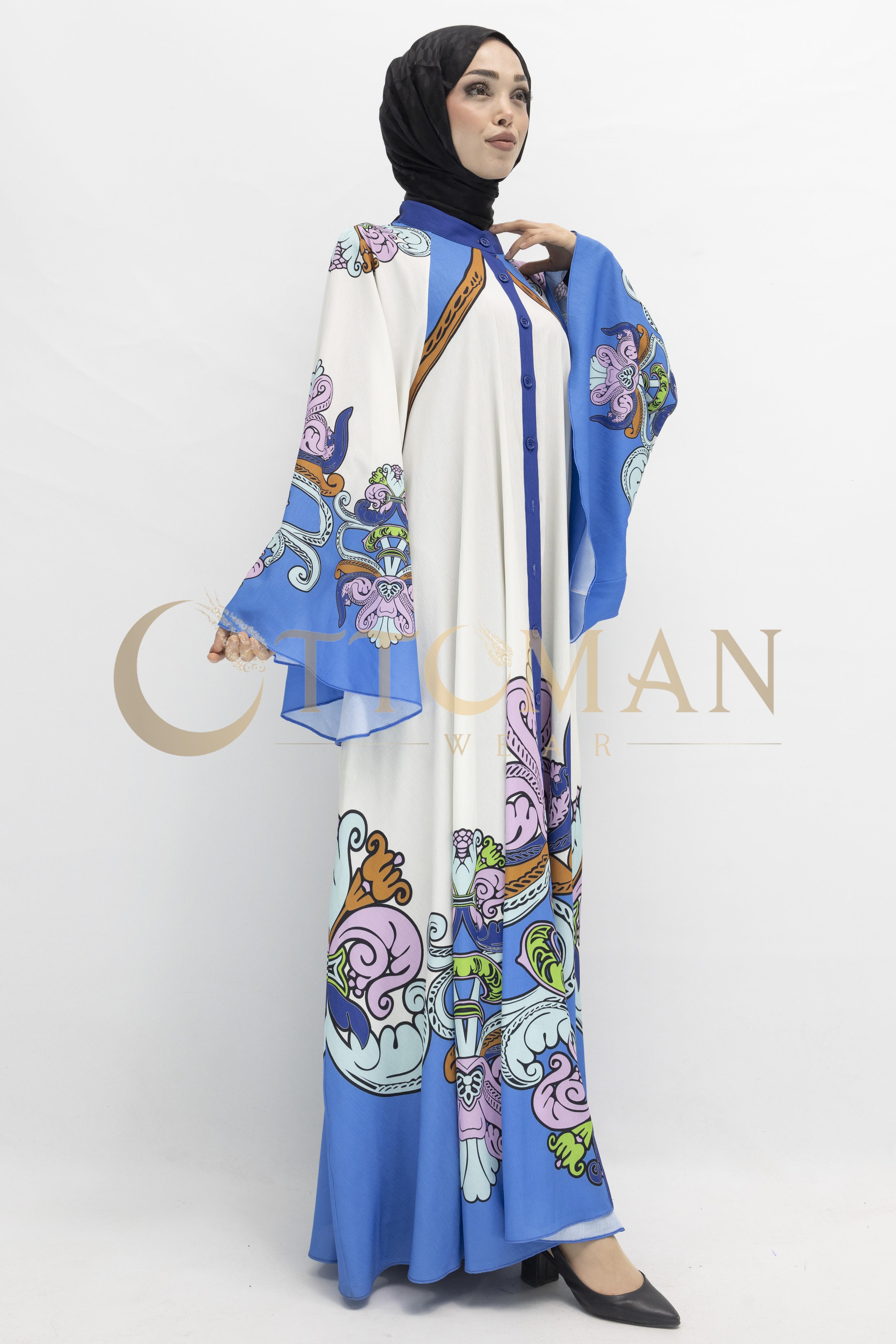 Etnik Desenli Mavi Baskılı  Elbise Bej-Mavi OTW395