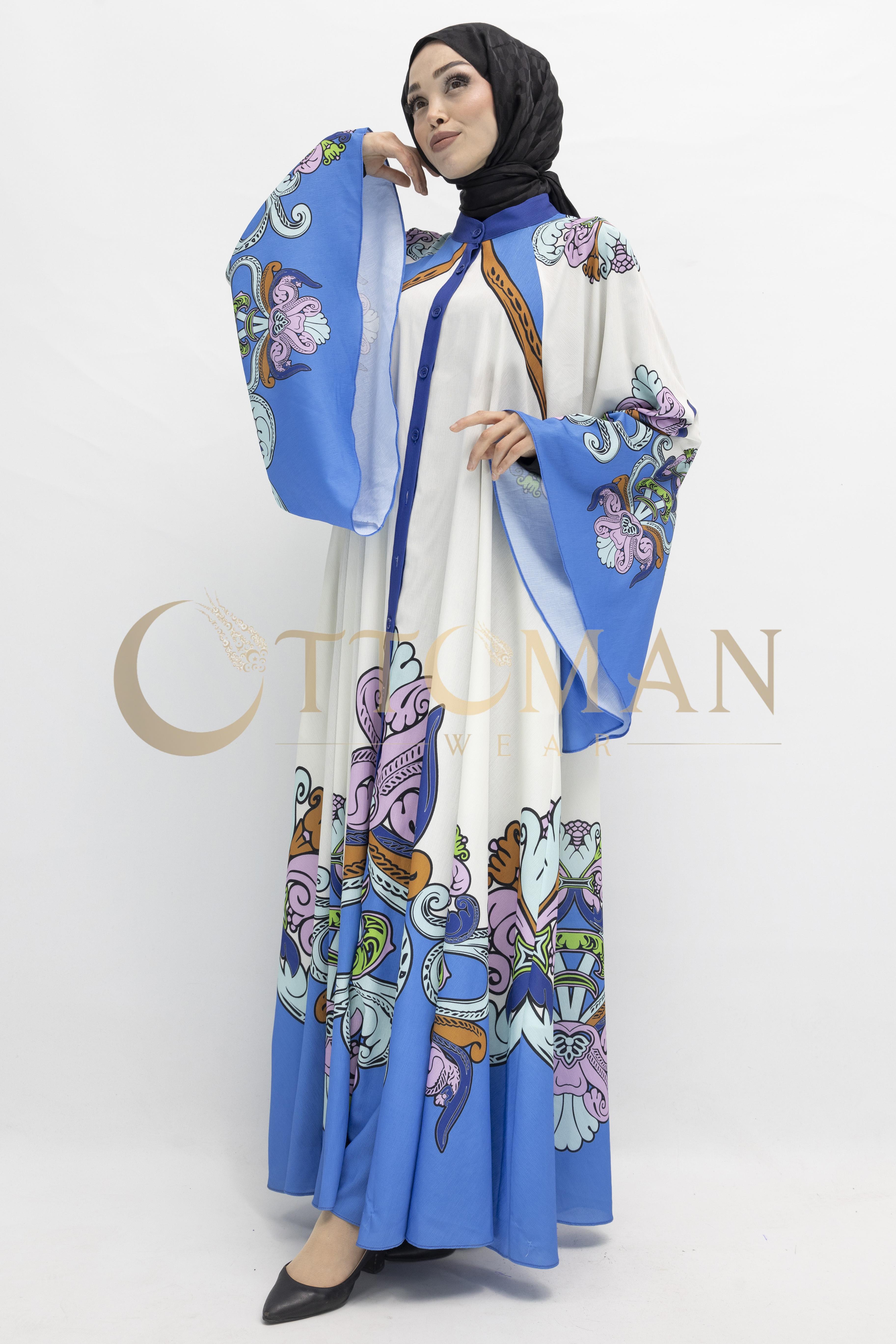 Etnik Desenli Mavi Baskılı  Elbise Bej-Mavi OTW395