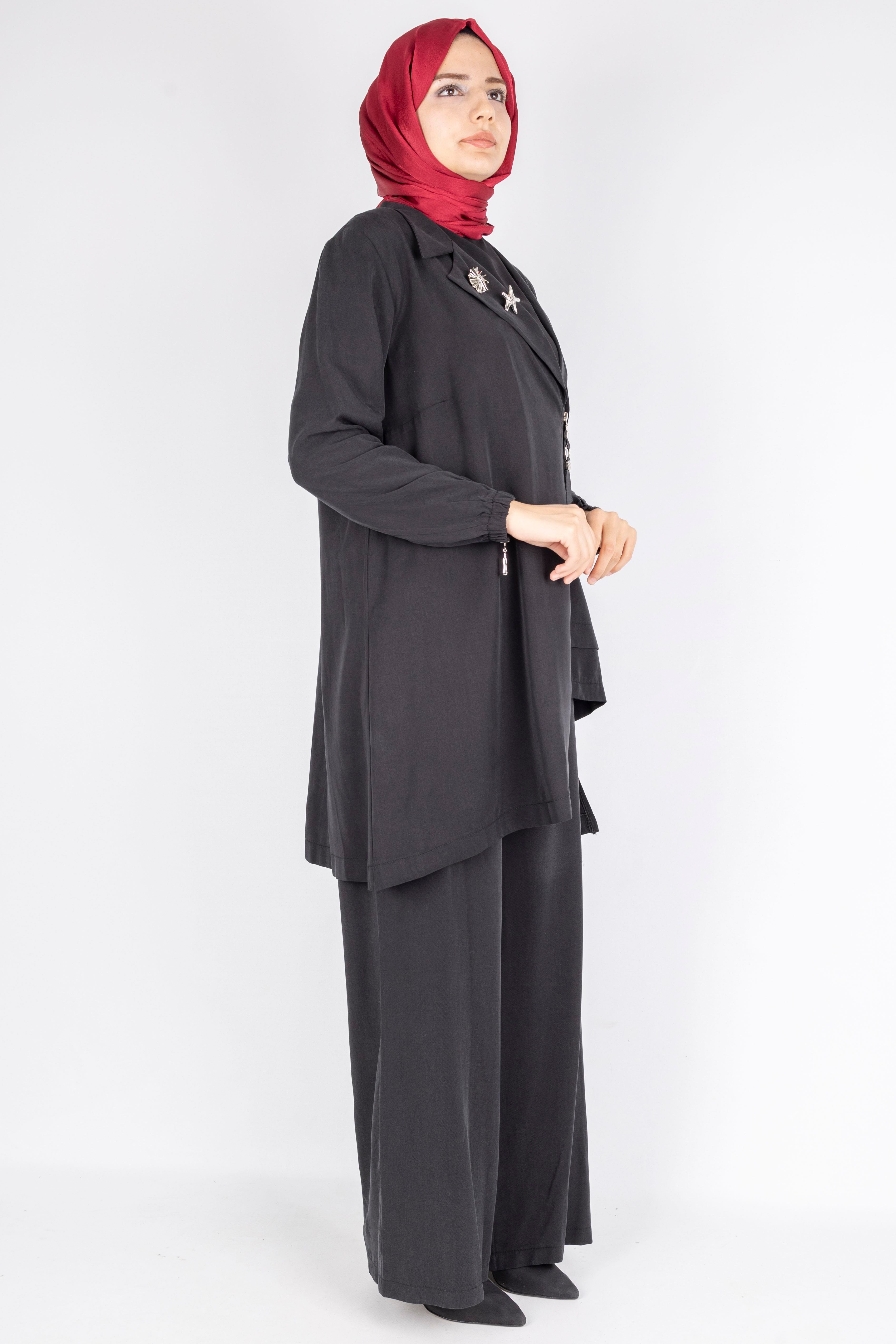 Fermuar ve Broş Detaylı Tunik Pantolon Tesettür İkili Takım Siyah OTW45832