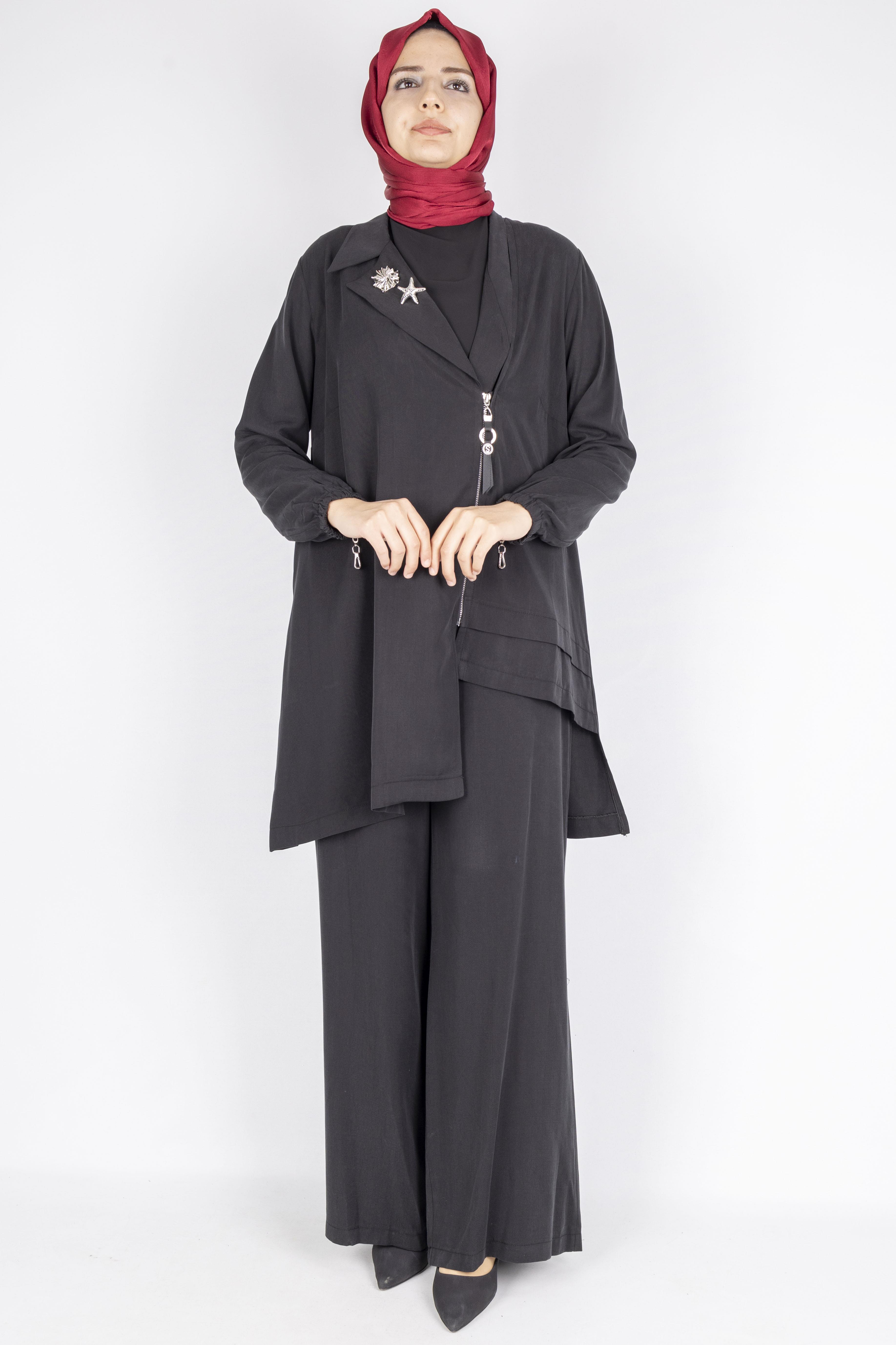Fermuar ve Broş Detaylı Tunik Pantolon Tesettür İkili Takım Siyah OTW45832