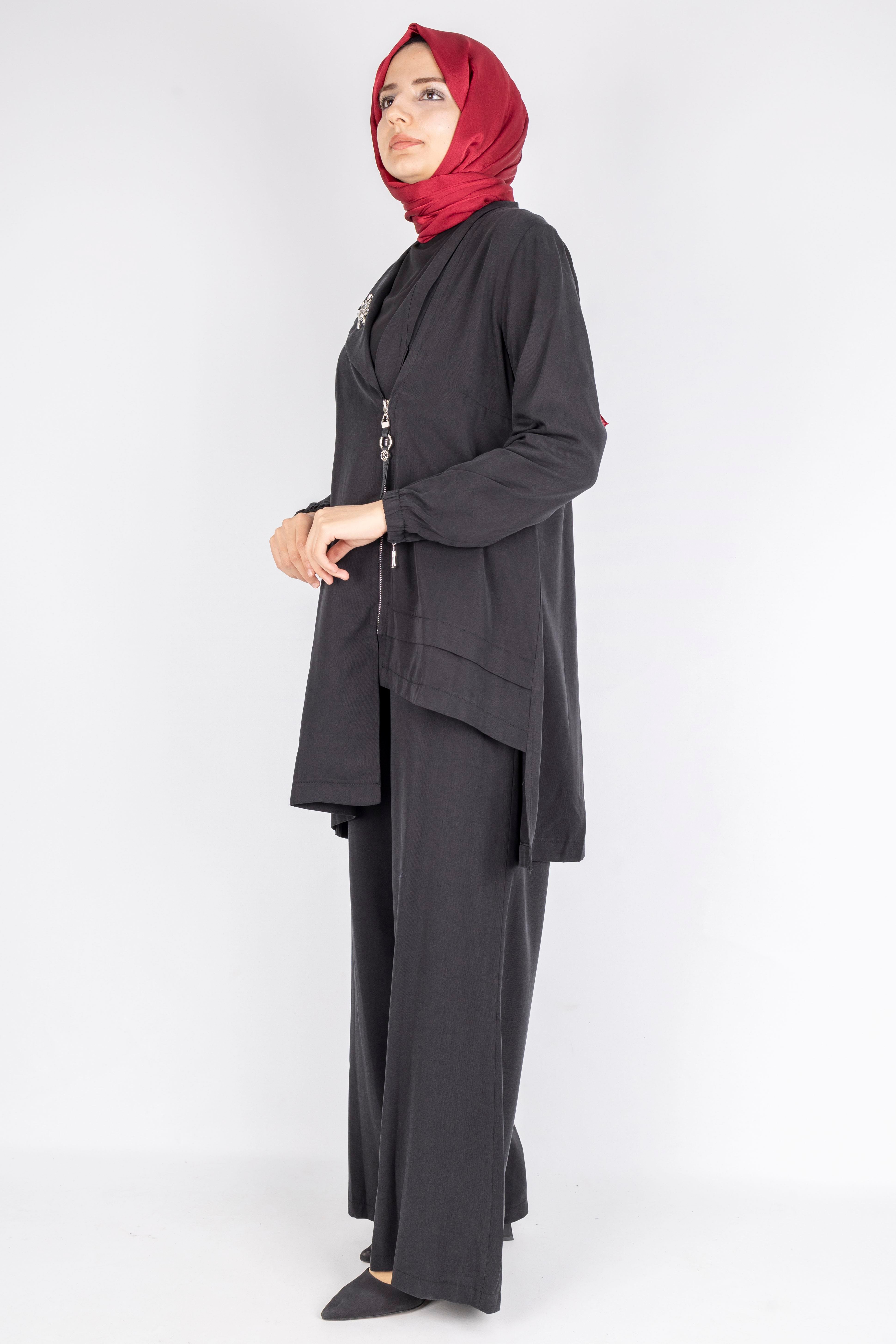 Fermuar ve Broş Detaylı Tunik Pantolon Tesettür İkili Takım Siyah OTW45832