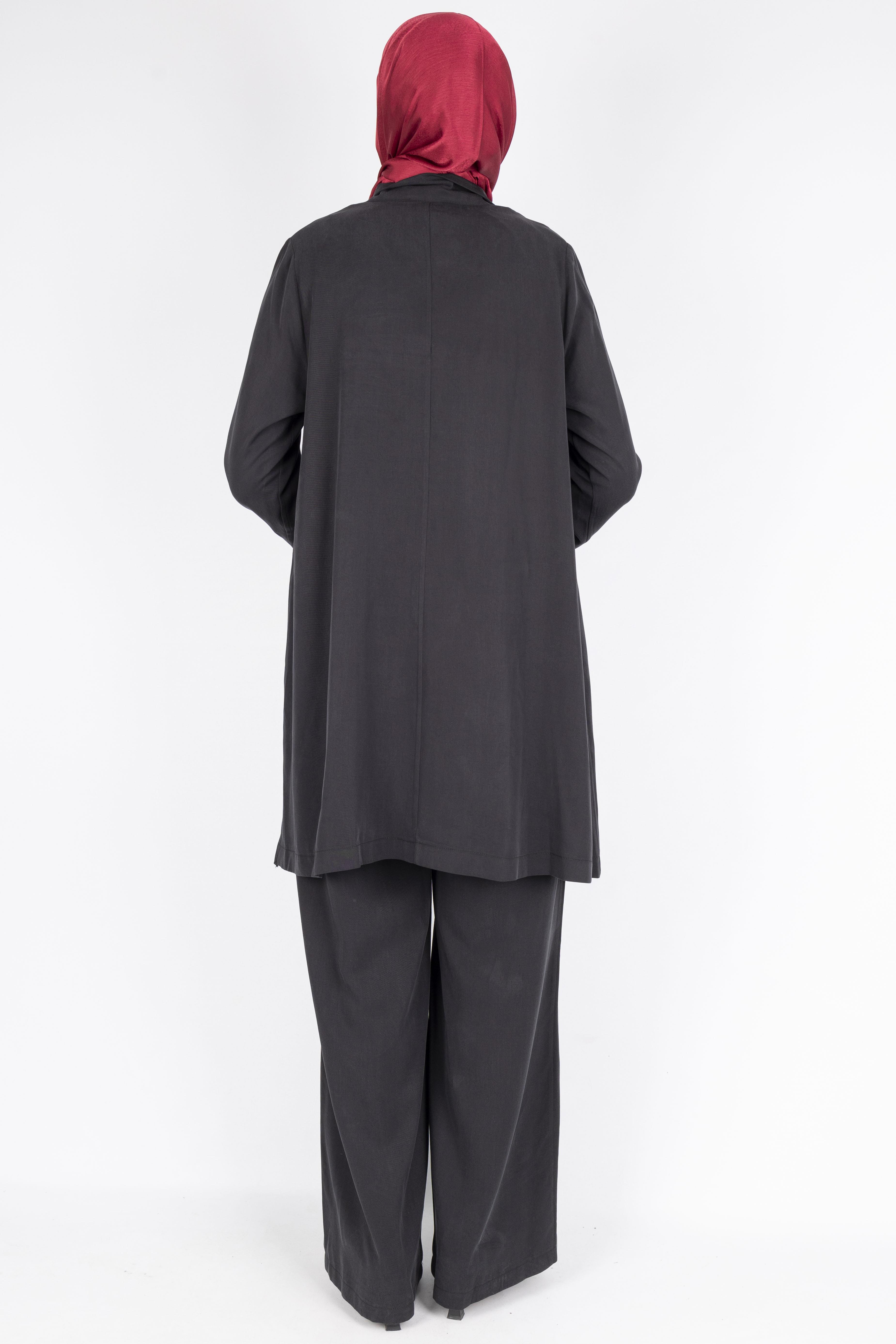 Fermuar ve Broş Detaylı Tunik Pantolon Tesettür İkili Takım Siyah OTW45832