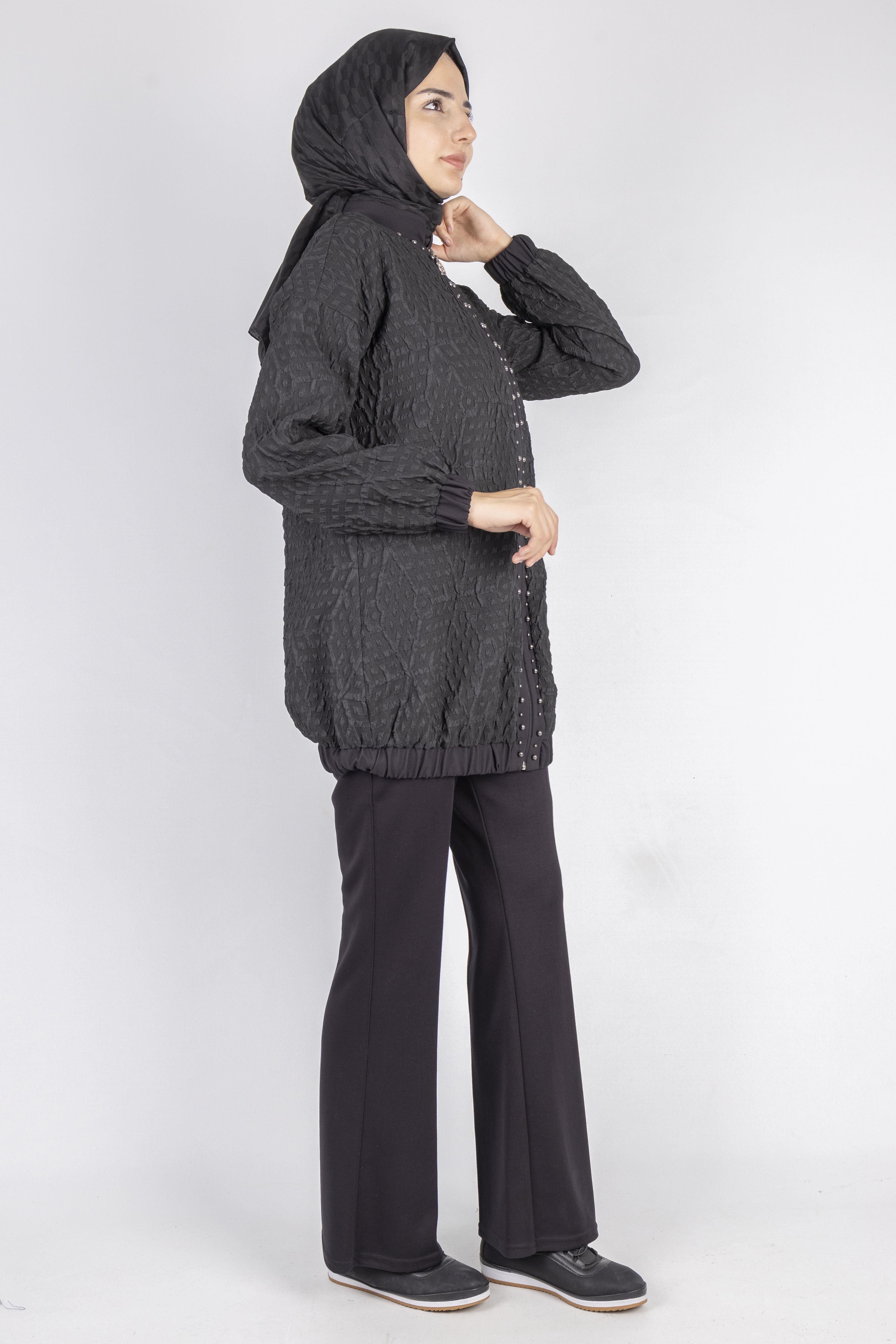 Fermuarlı Lastik Paça Dokulu Tesettür Spor Ceket Siyah OTW1158