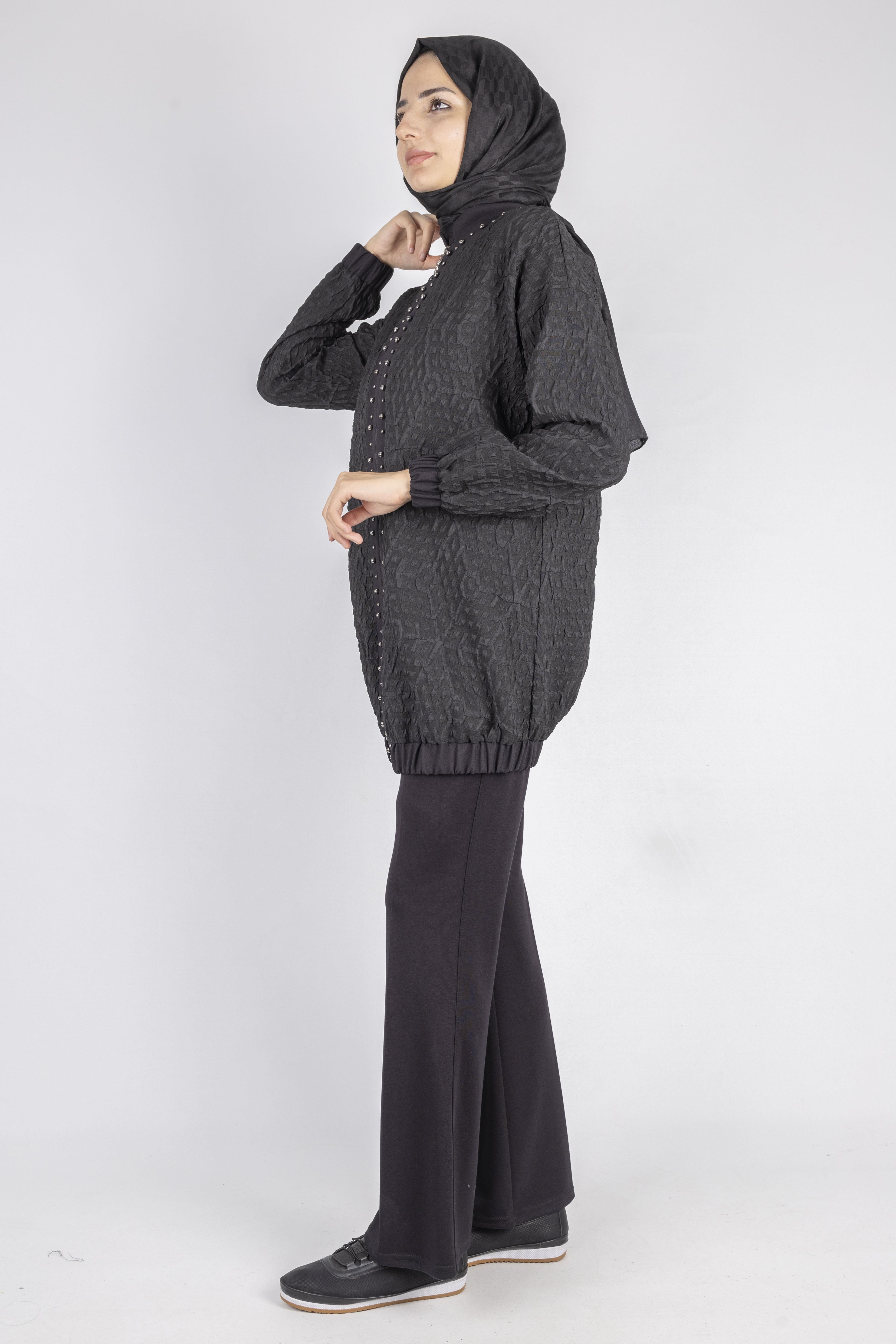 Fermuarlı Lastik Paça Dokulu Tesettür Spor Ceket Siyah OTW1158