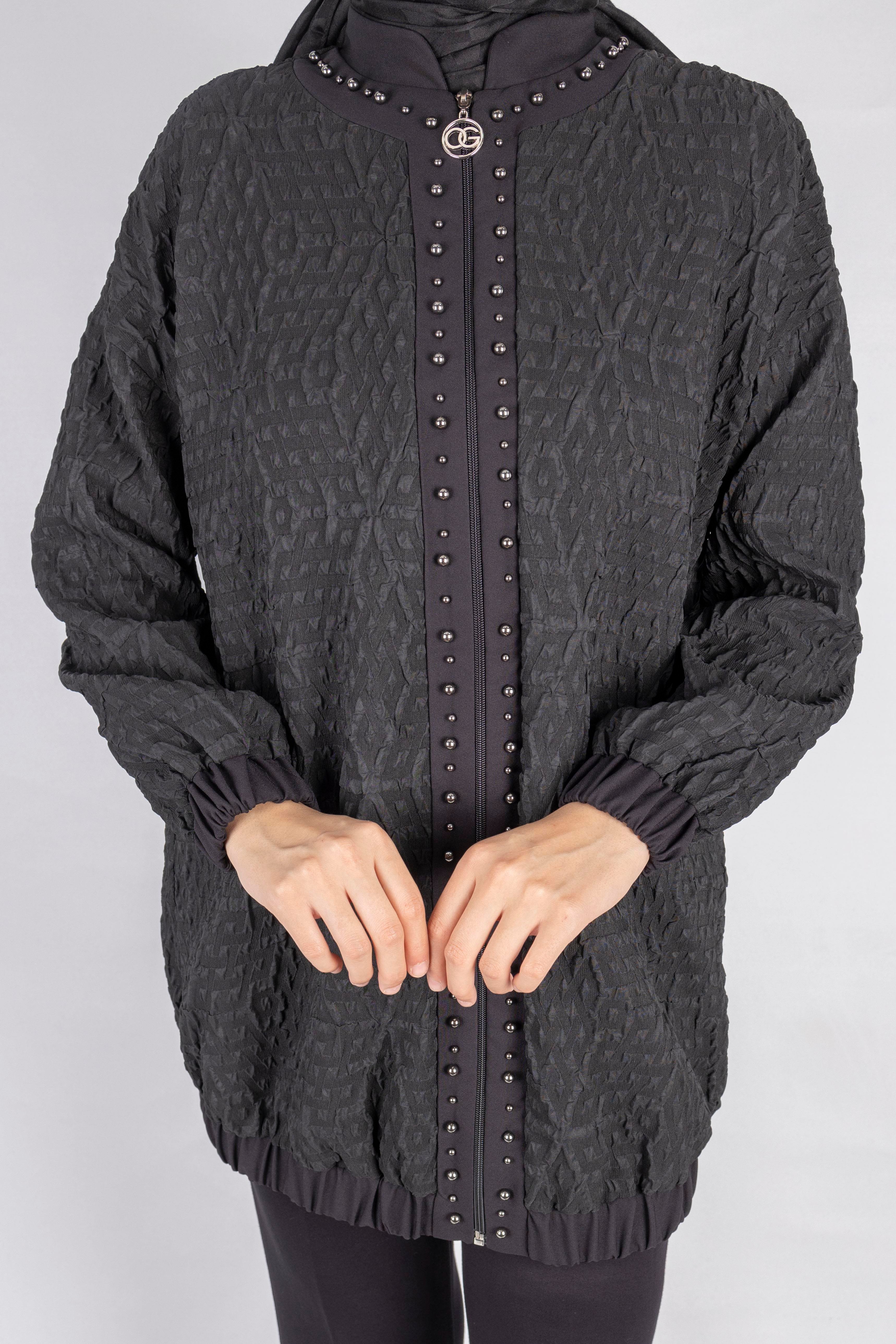 Fermuarlı Lastik Paça Dokulu Tesettür Spor Ceket Siyah OTW1158