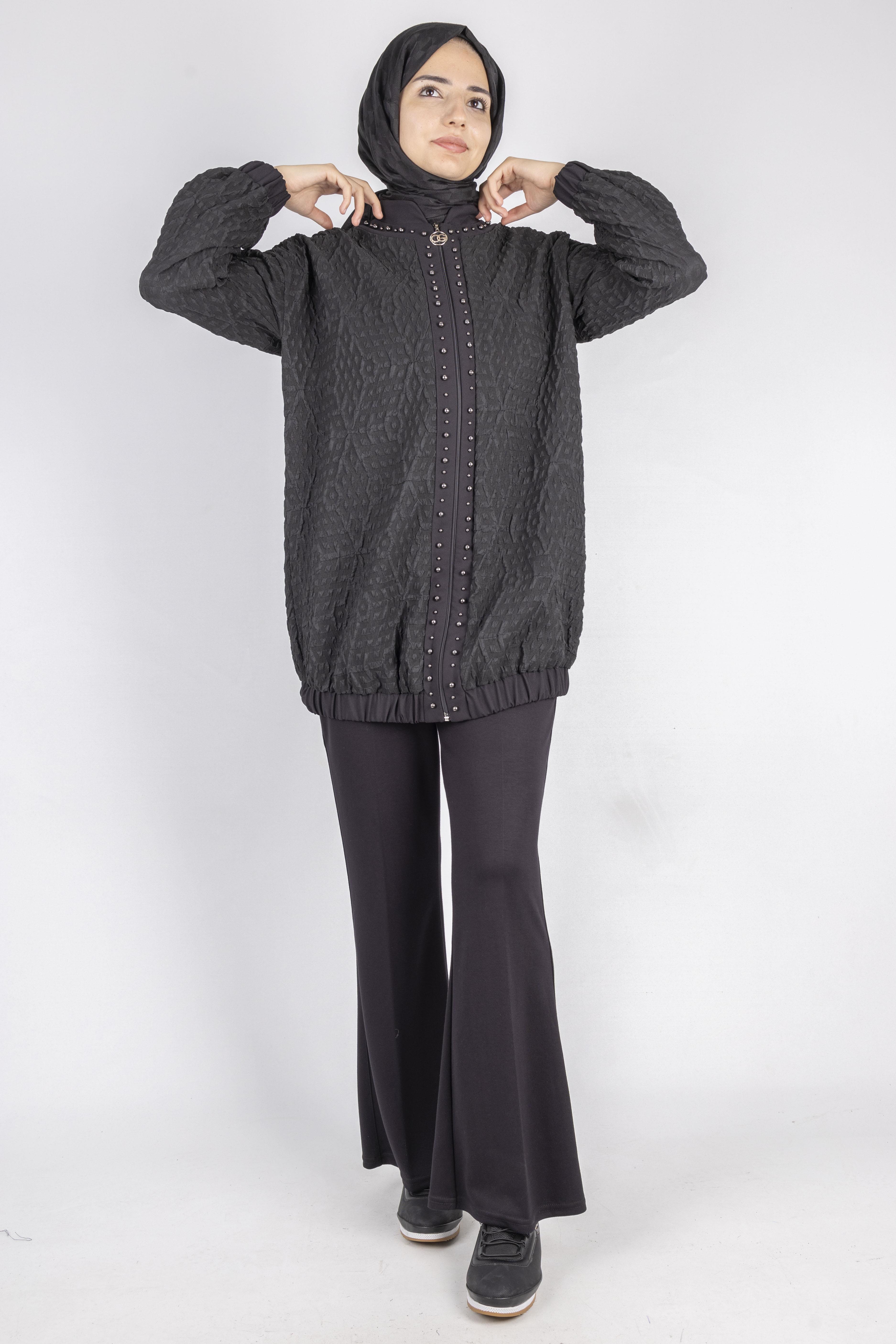 Fermuarlı Lastik Paça Dokulu Tesettür Spor Ceket Siyah OTW1158