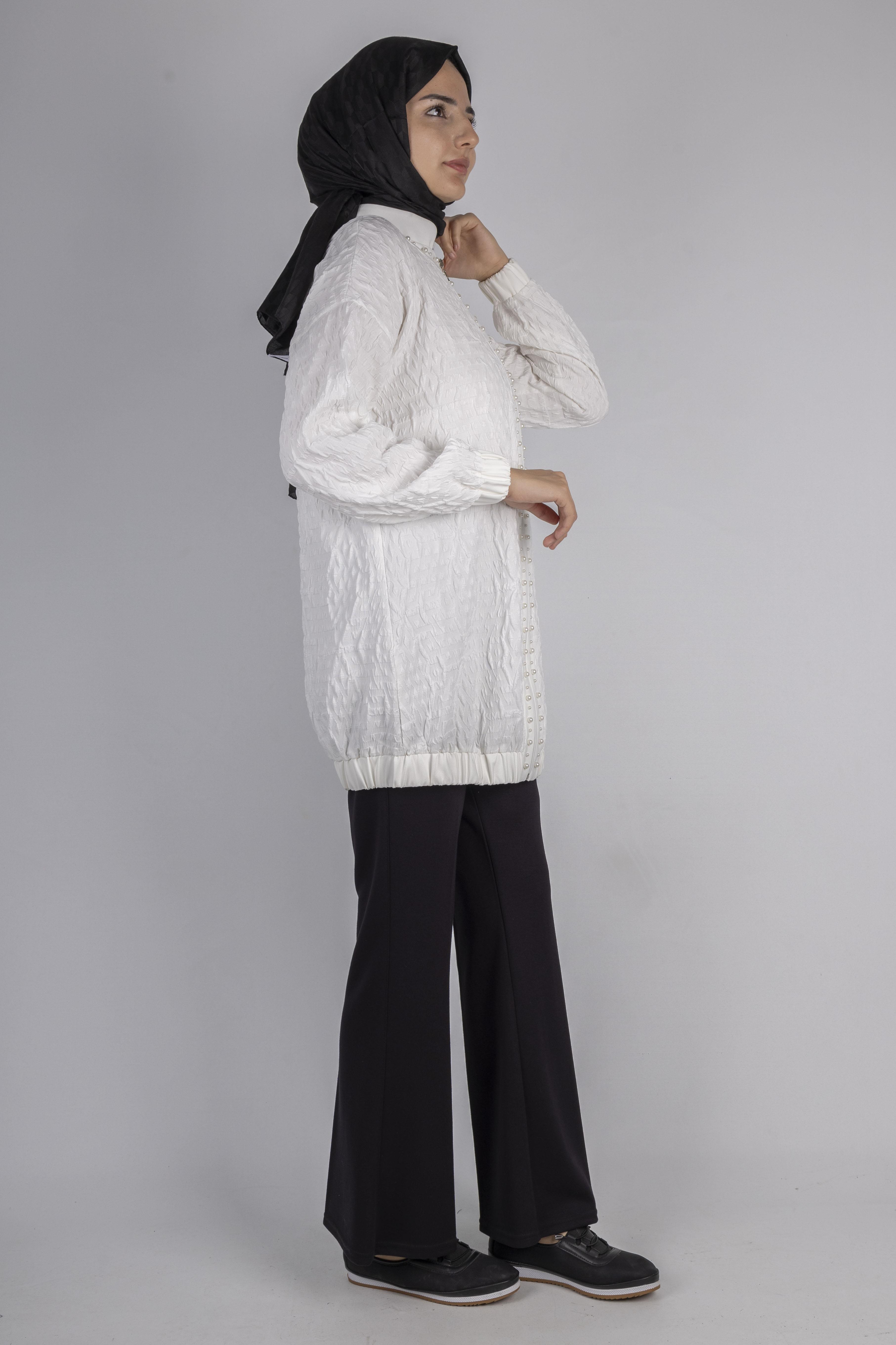 Fermuarlı Lastik Paça Dokulu Tesettür Spor Ceket Ekru OTW1158