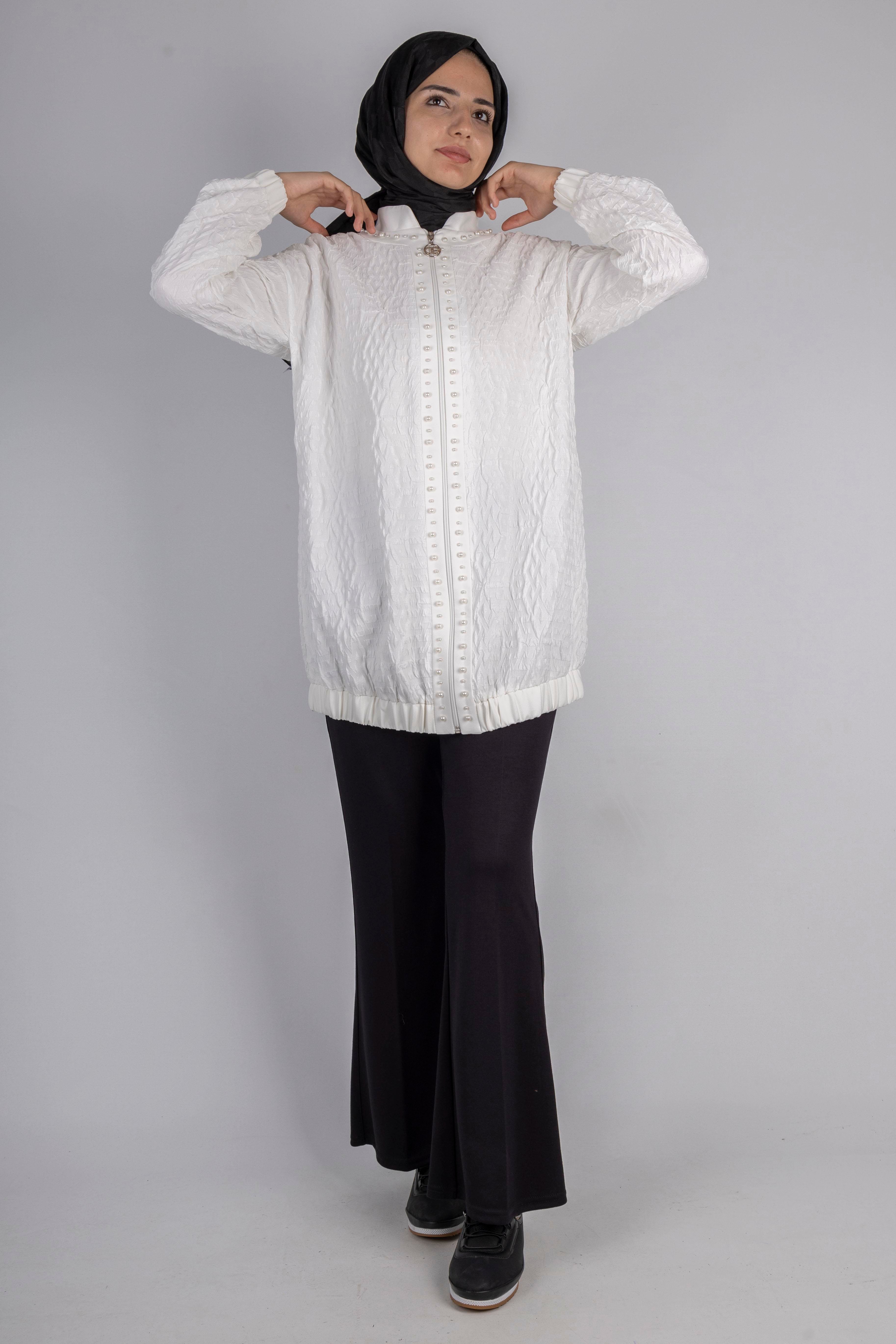 Fermuarlı Lastik Paça Dokulu Tesettür Spor Ceket Ekru OTW1158