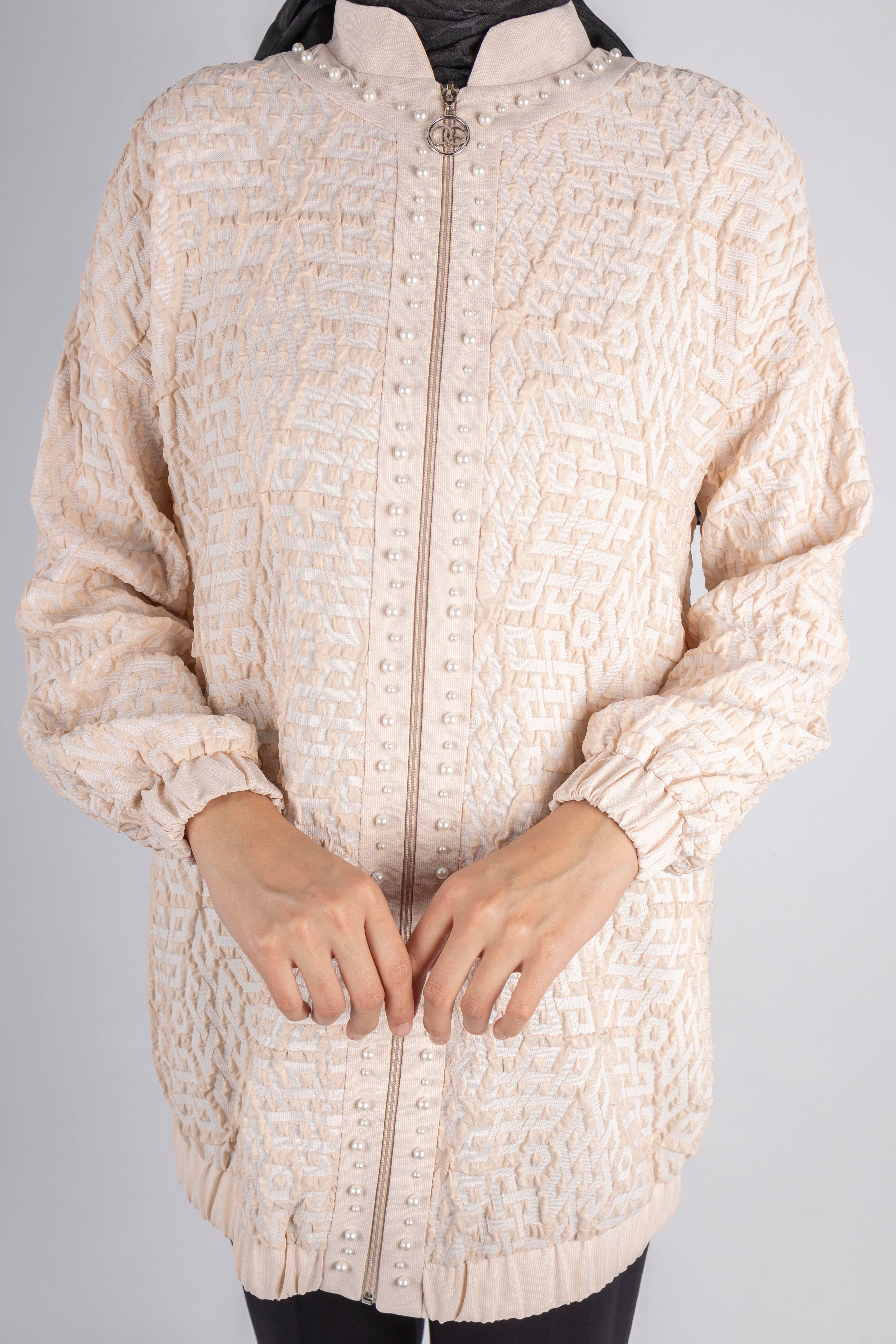 Fermuarlı Lastik Paça Dokulu Tesettür Spor Ceket Bej OTW1158