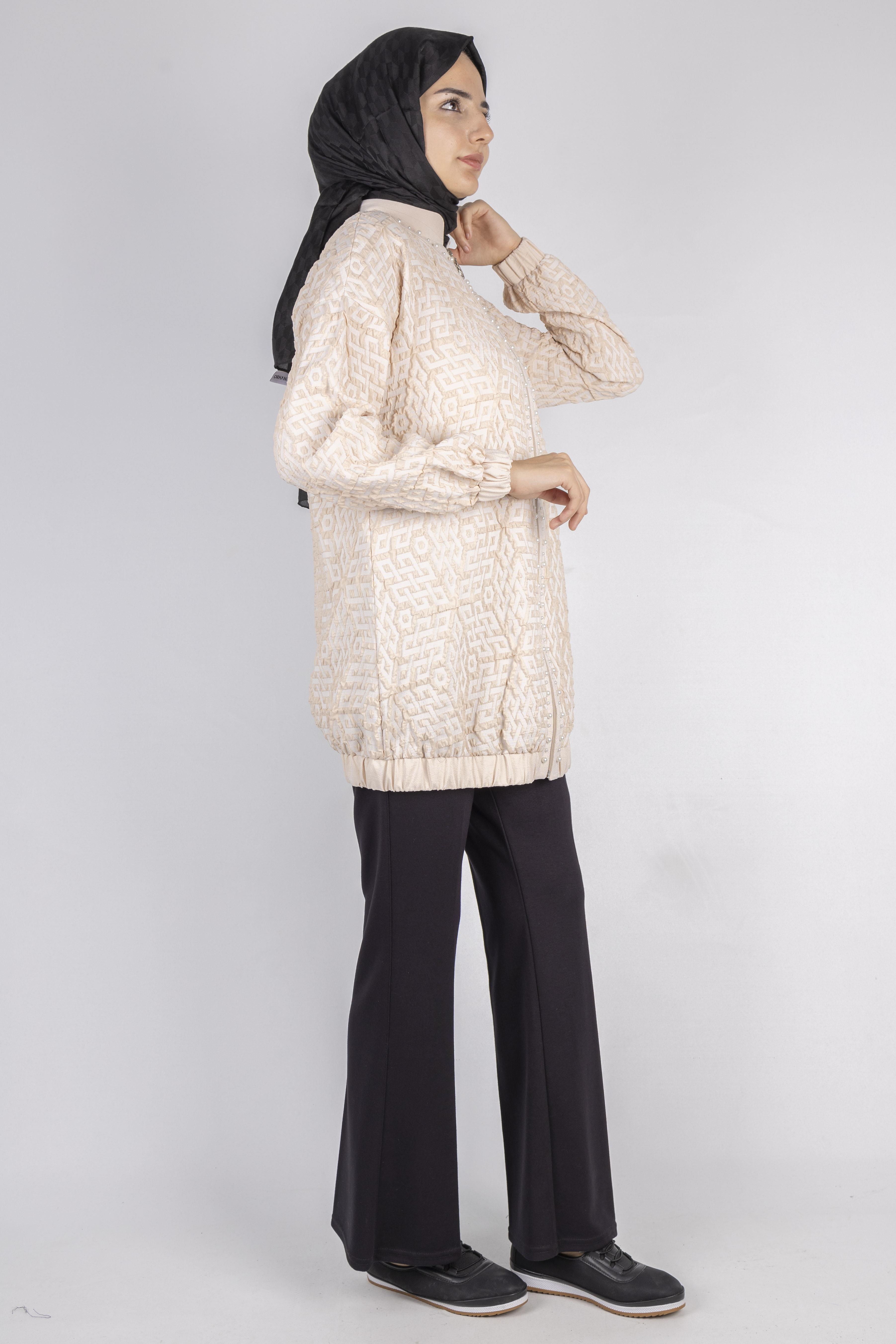 Fermuarlı Lastik Paça Dokulu Tesettür Spor Ceket Bej OTW1158