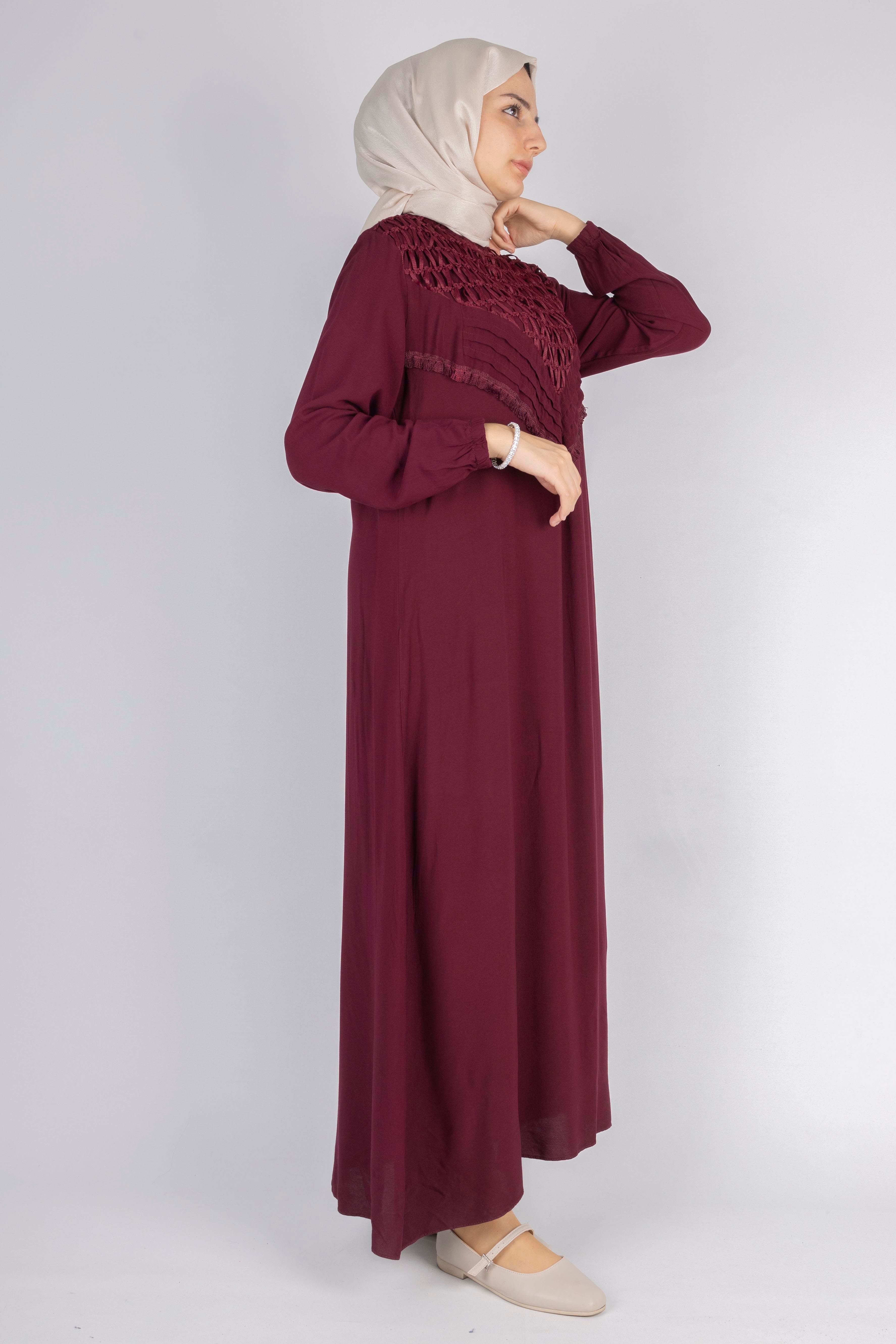 File İşlemeli Göğüs Detaylı Maxi Elbise Bordo OTW562