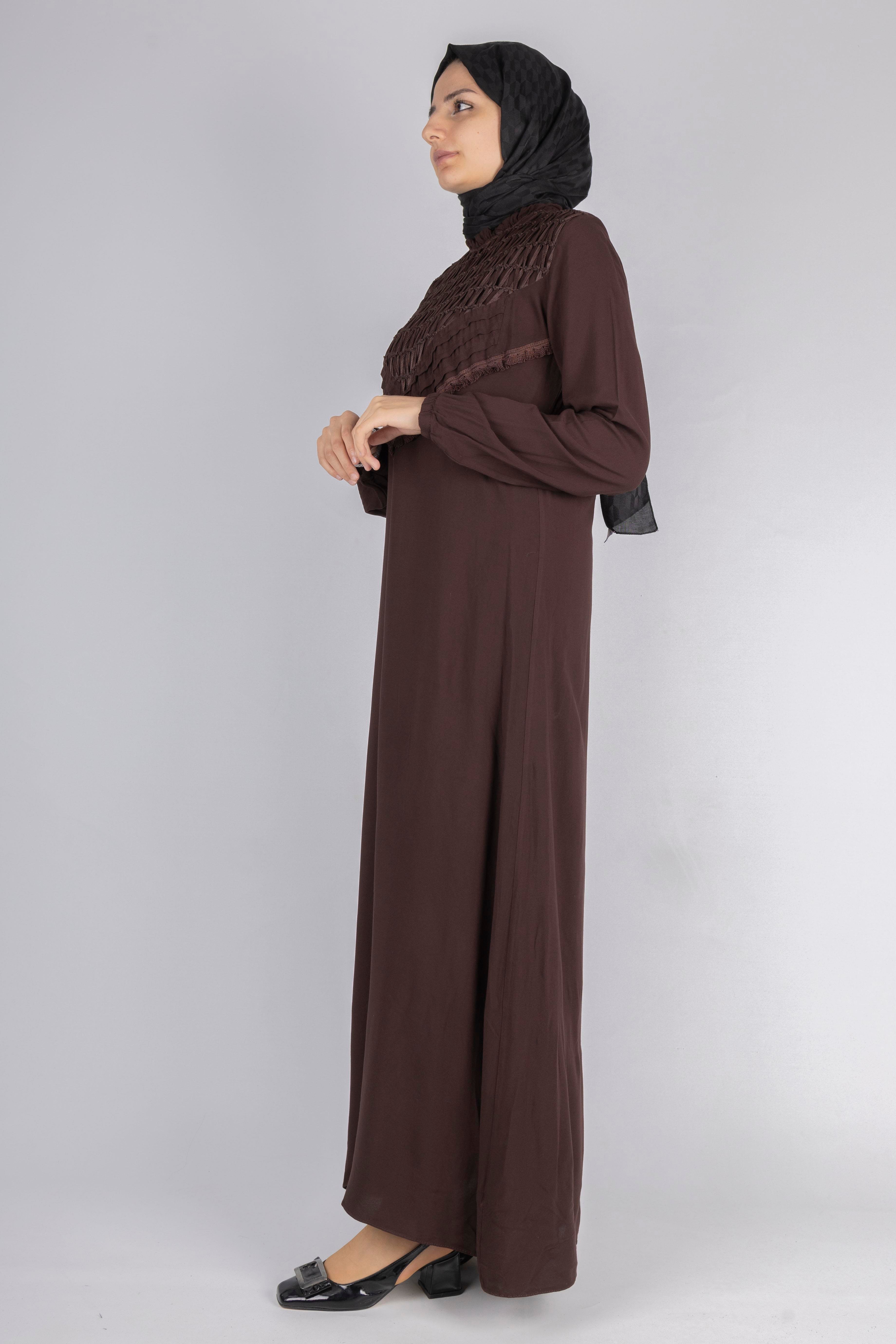 File İşlemeli Göğüs Detaylı Maxi Elbise Kahve OTW562