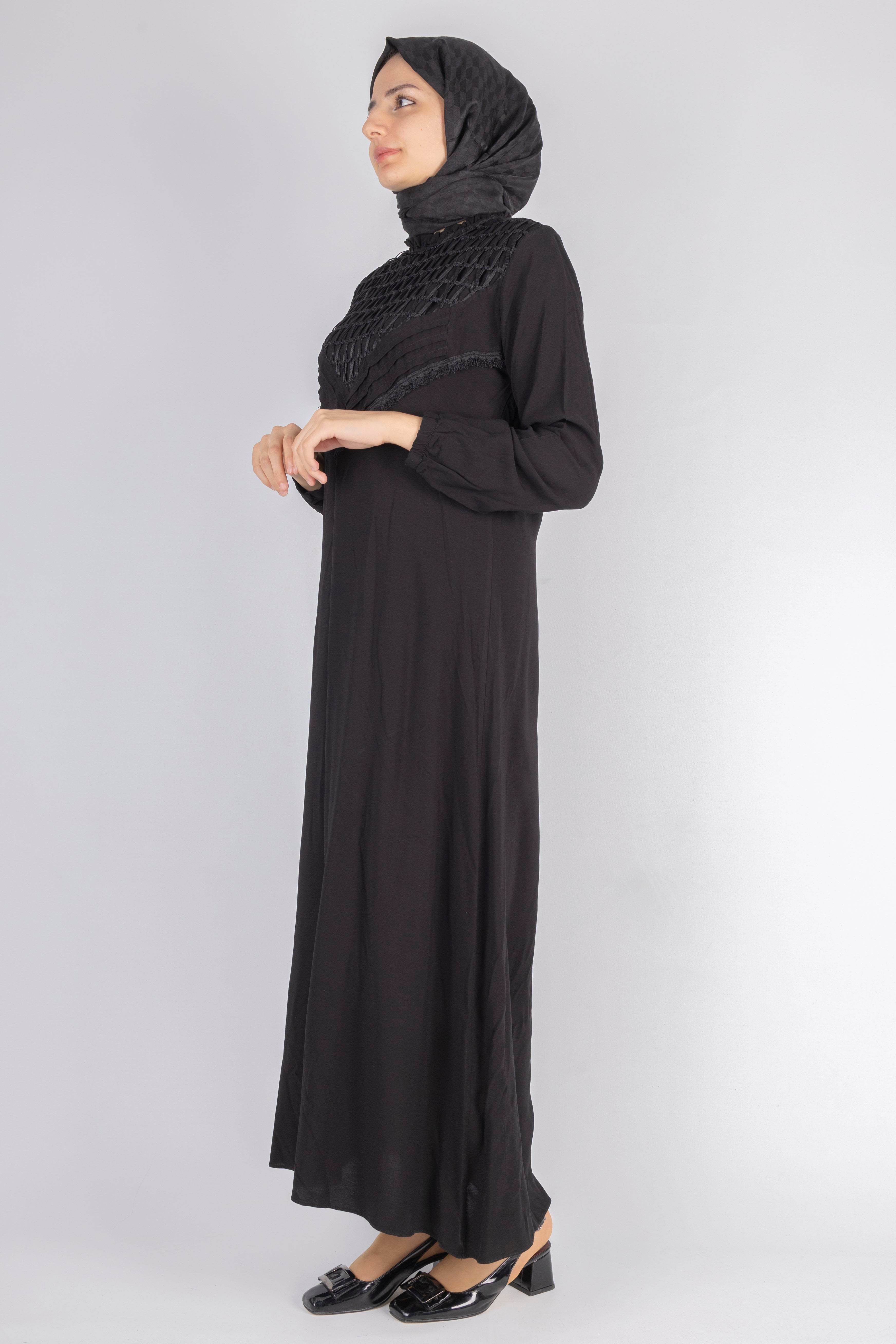 File İşlemeli Göğüs Detaylı Maxi Elbise Siyah OTW562