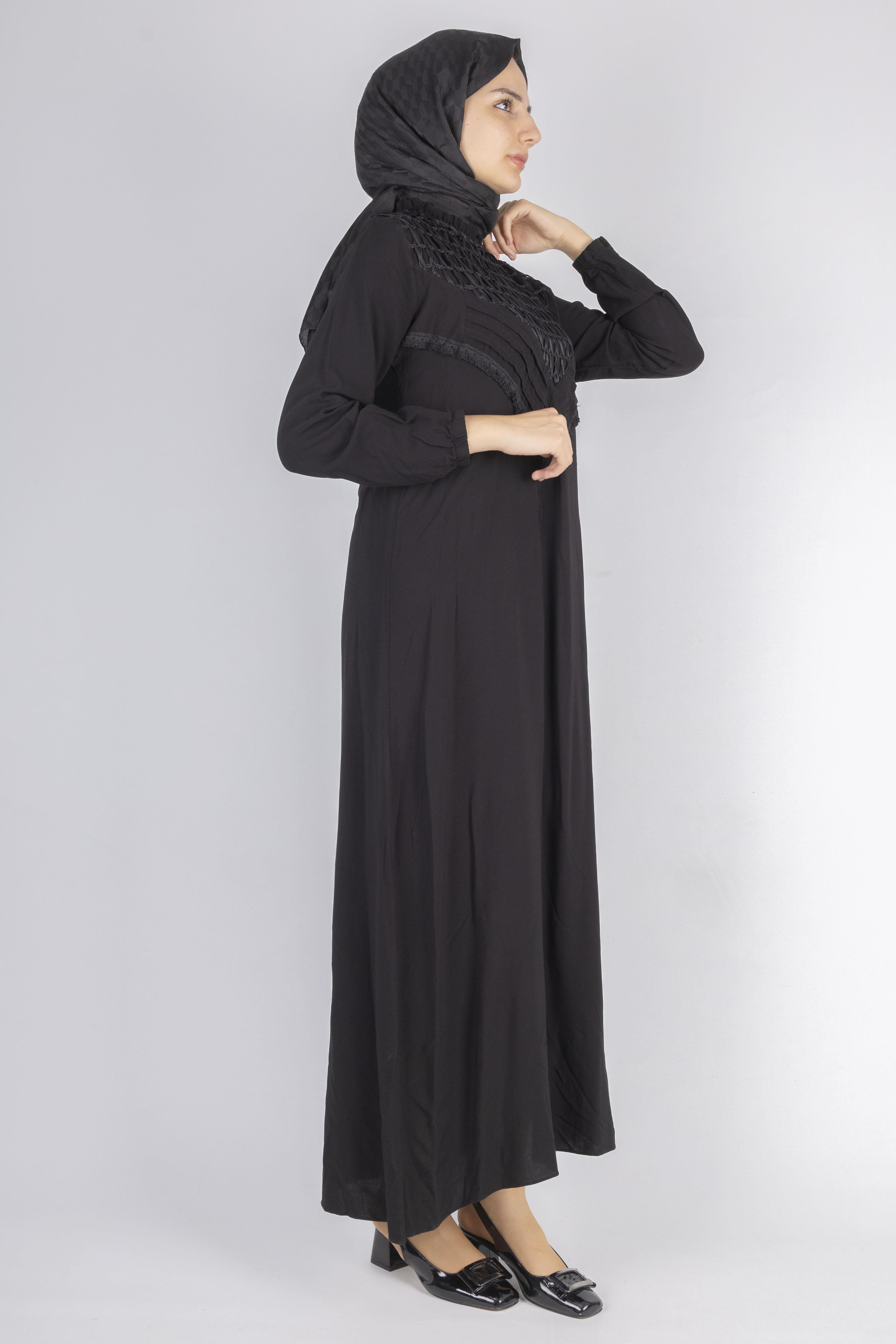 File İşlemeli Göğüs Detaylı Maxi Elbise Siyah OTW562