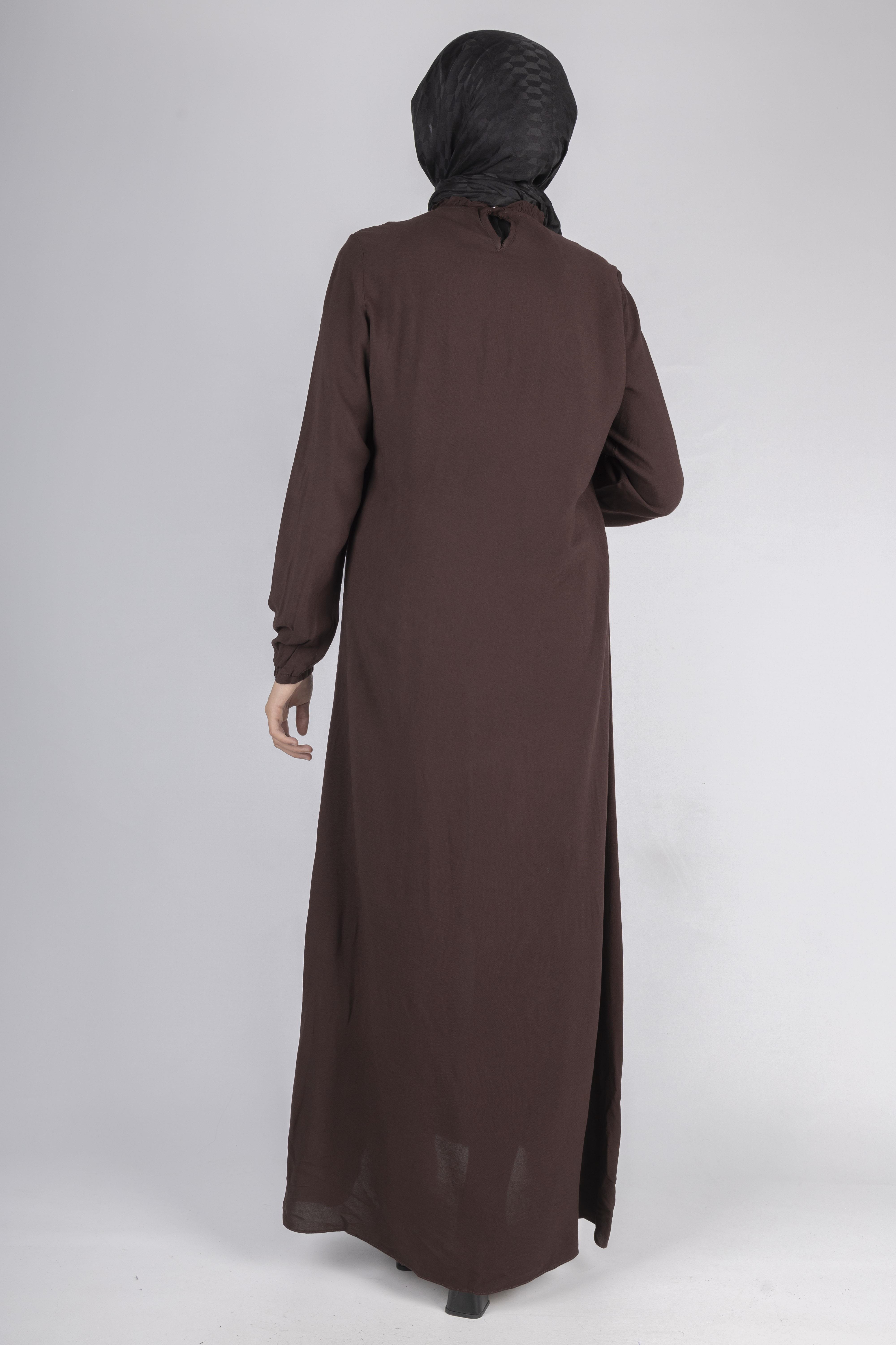 File İşlemeli Göğüs Detaylı Maxi Elbise Kahve OTW562