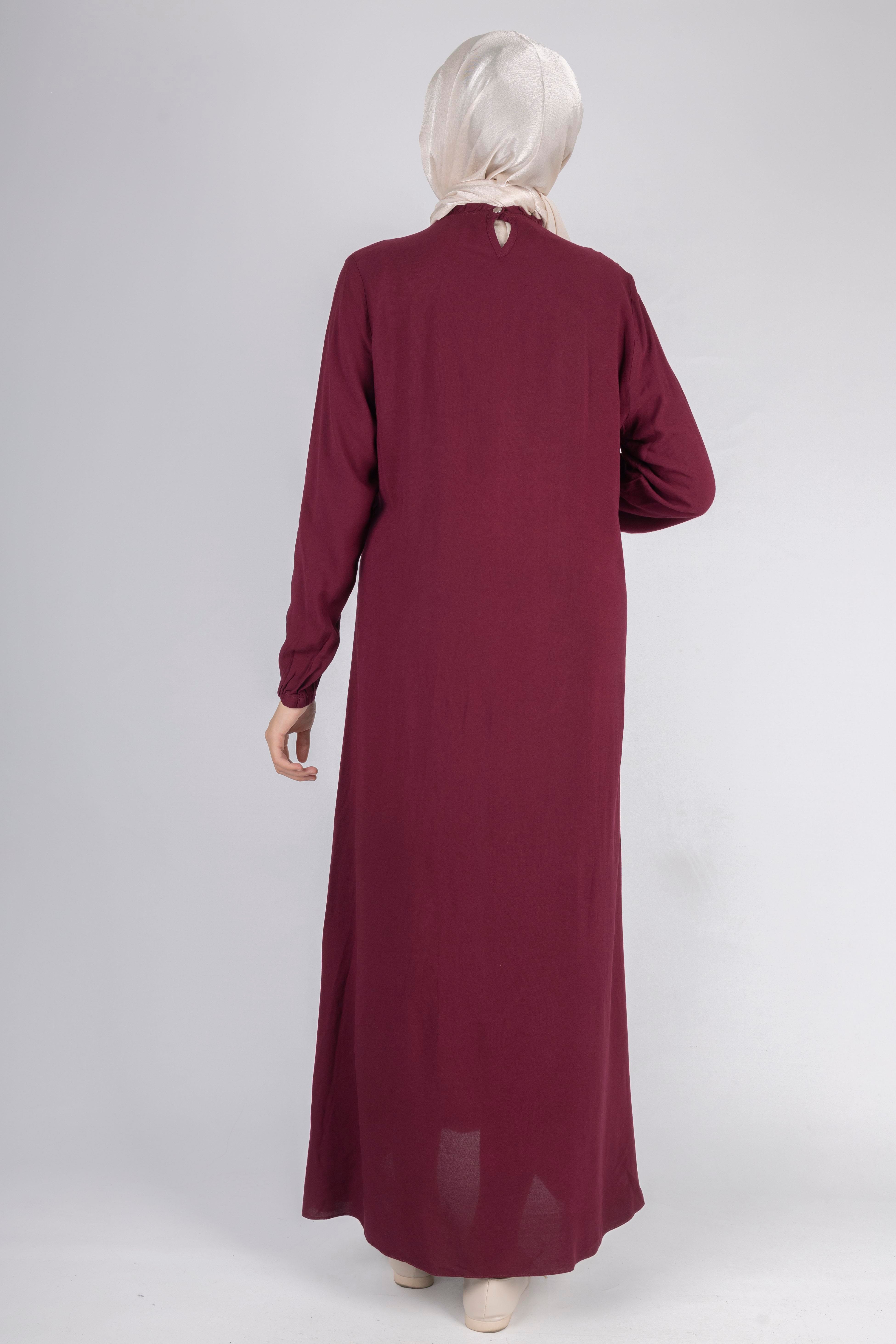 File İşlemeli Göğüs Detaylı Maxi Elbise Bordo OTW562