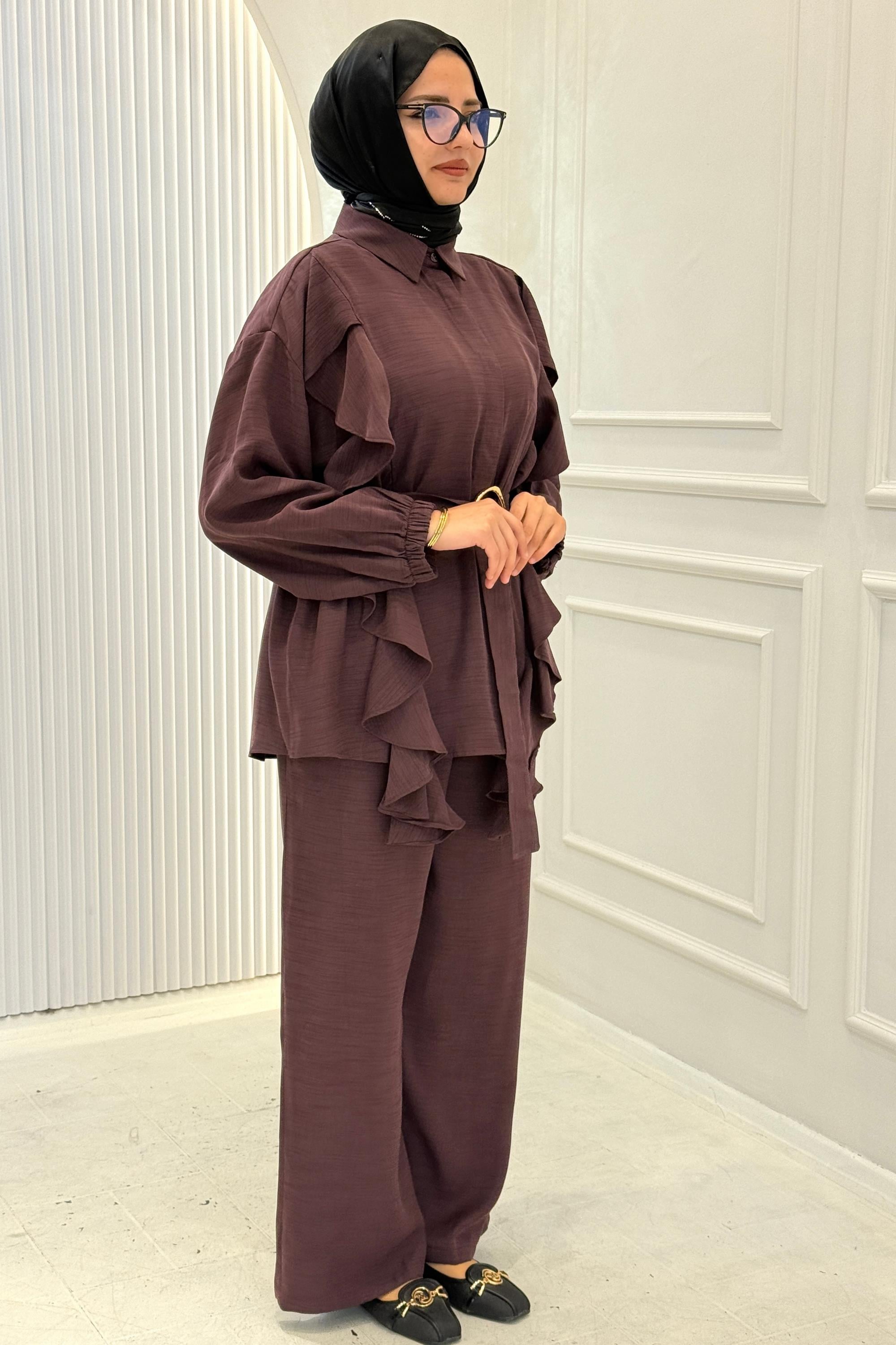 Fırfır Detaylı Tesettür Pantolon Takım Bordo OTW74022