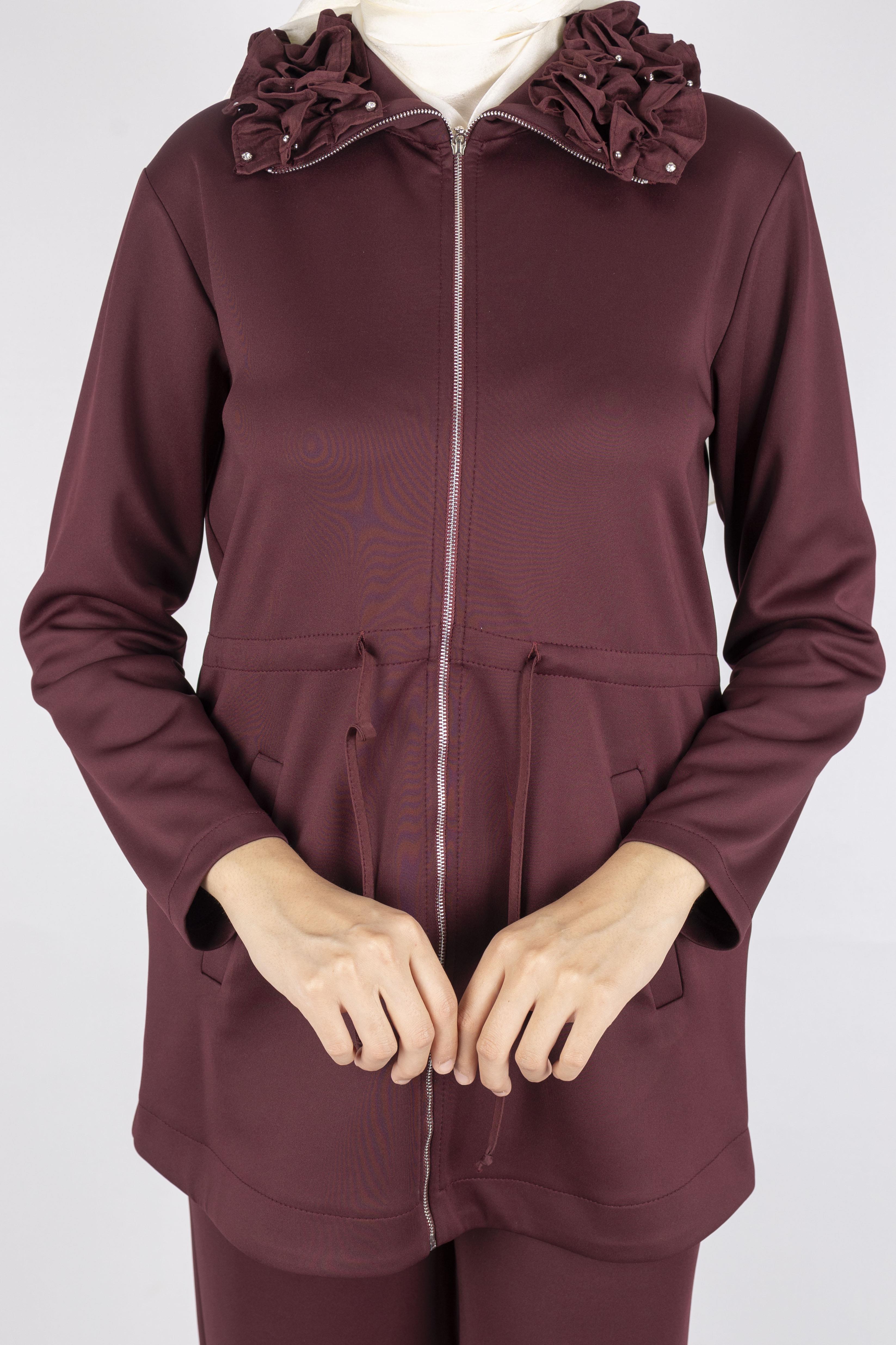 Fırfır Yaka Detaylı Pantolonlu Takım Bordo OTW8565