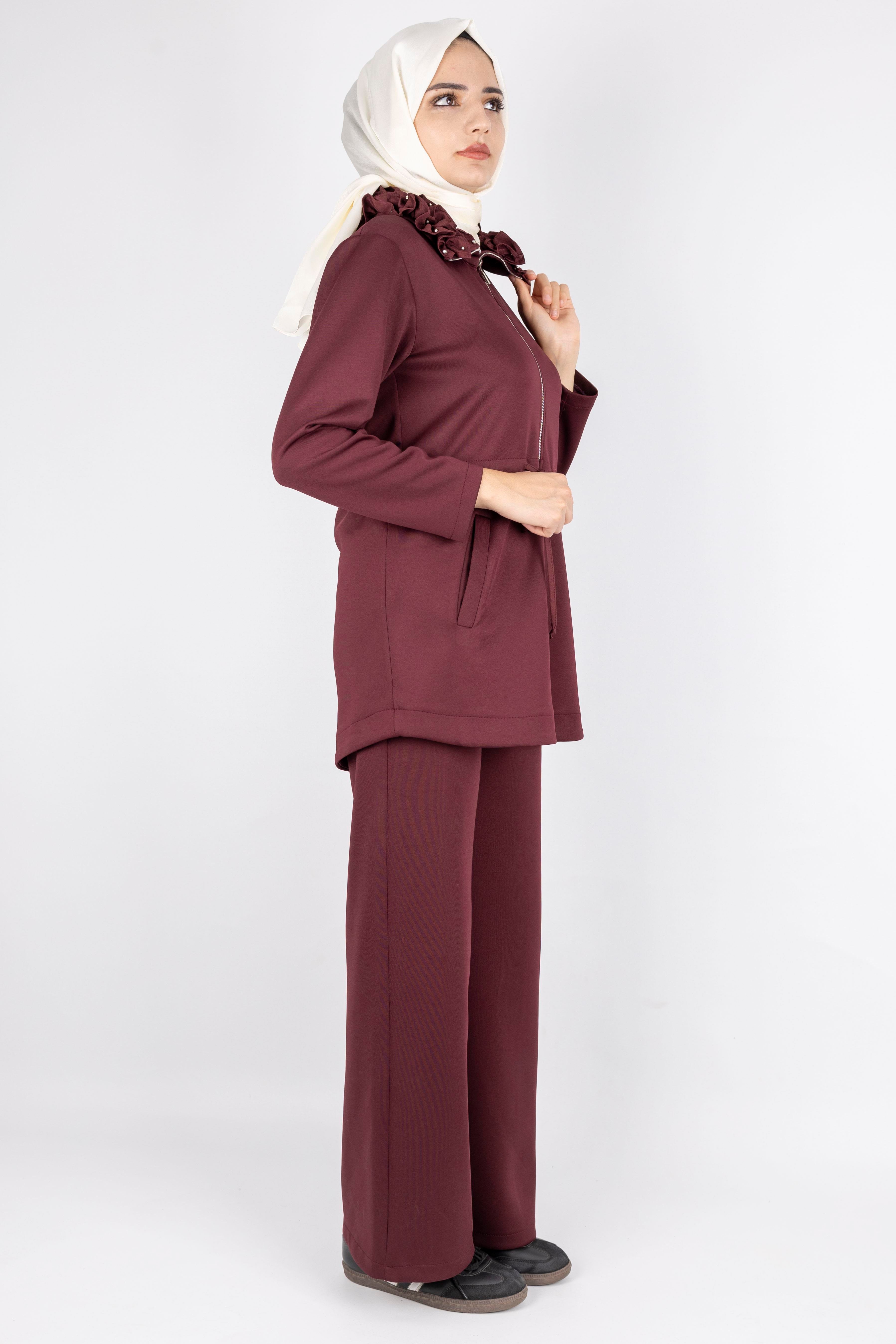 Fırfır Yaka Detaylı Pantolonlu Takım Bordo OTW8565