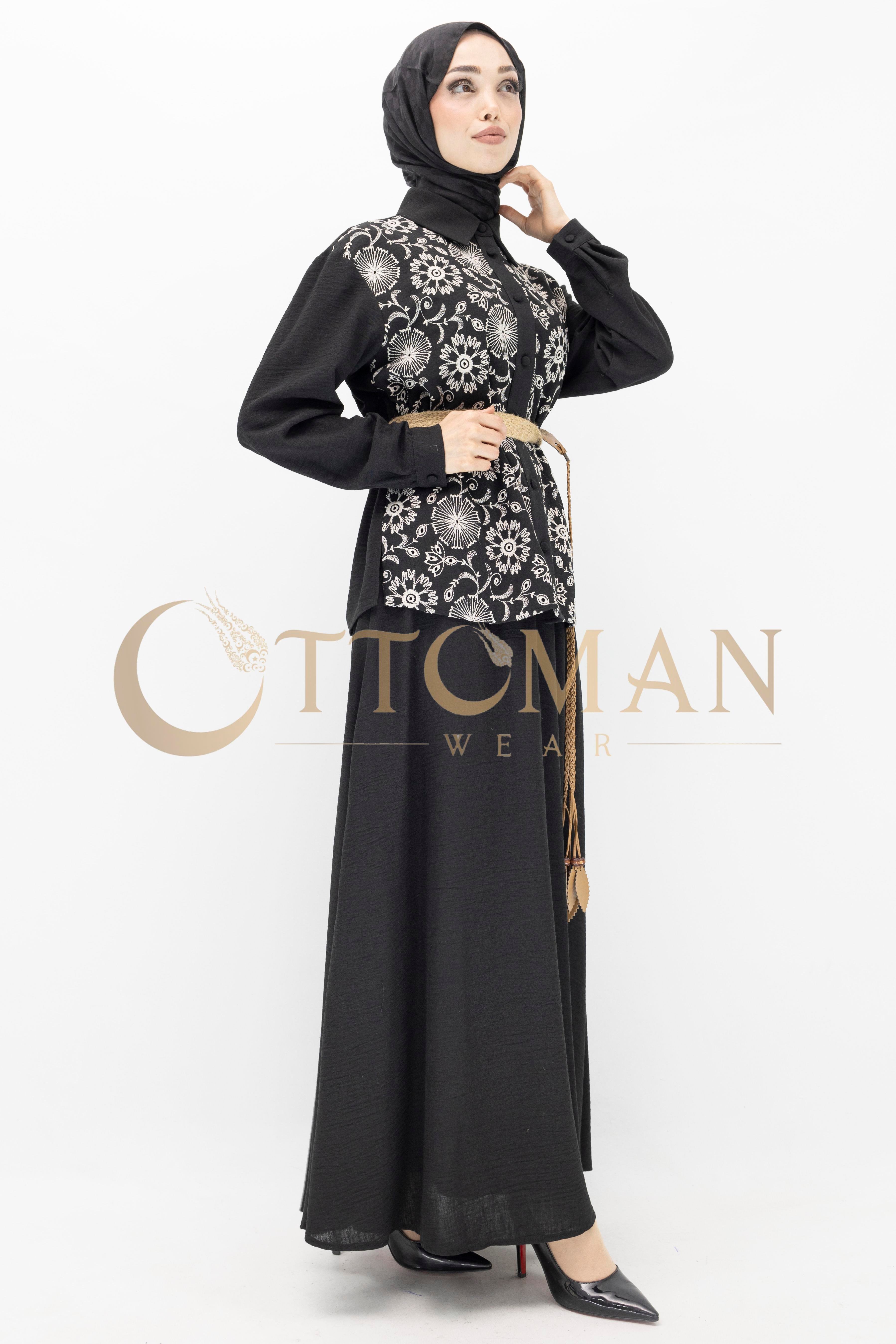 Floral Desenli Keten Etekli Takım Siyah OTW44843