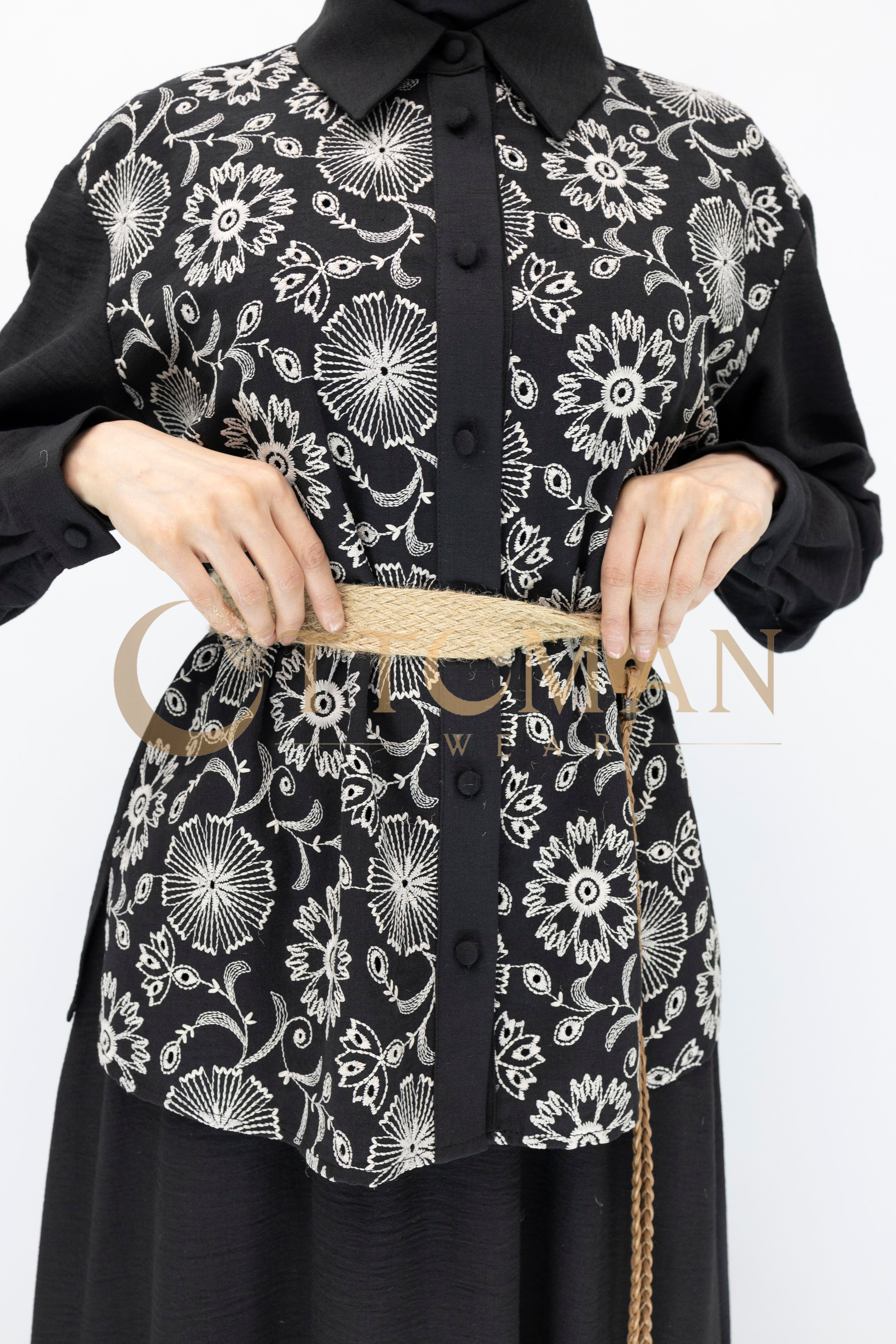 Floral Desenli Keten Etekli Takım Siyah OTW44843