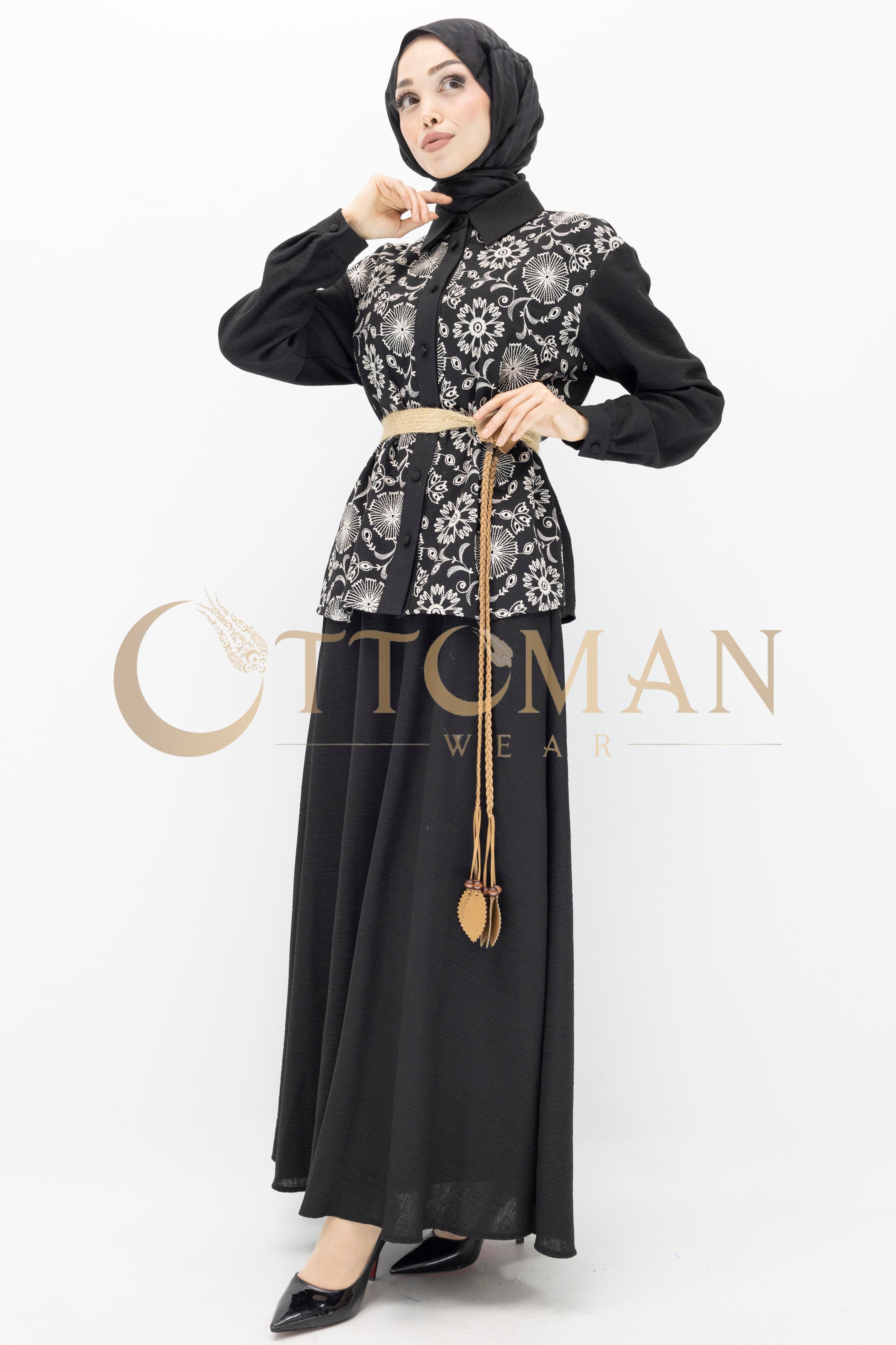 Floral Desenli Keten Etekli Takım Siyah OTW44843