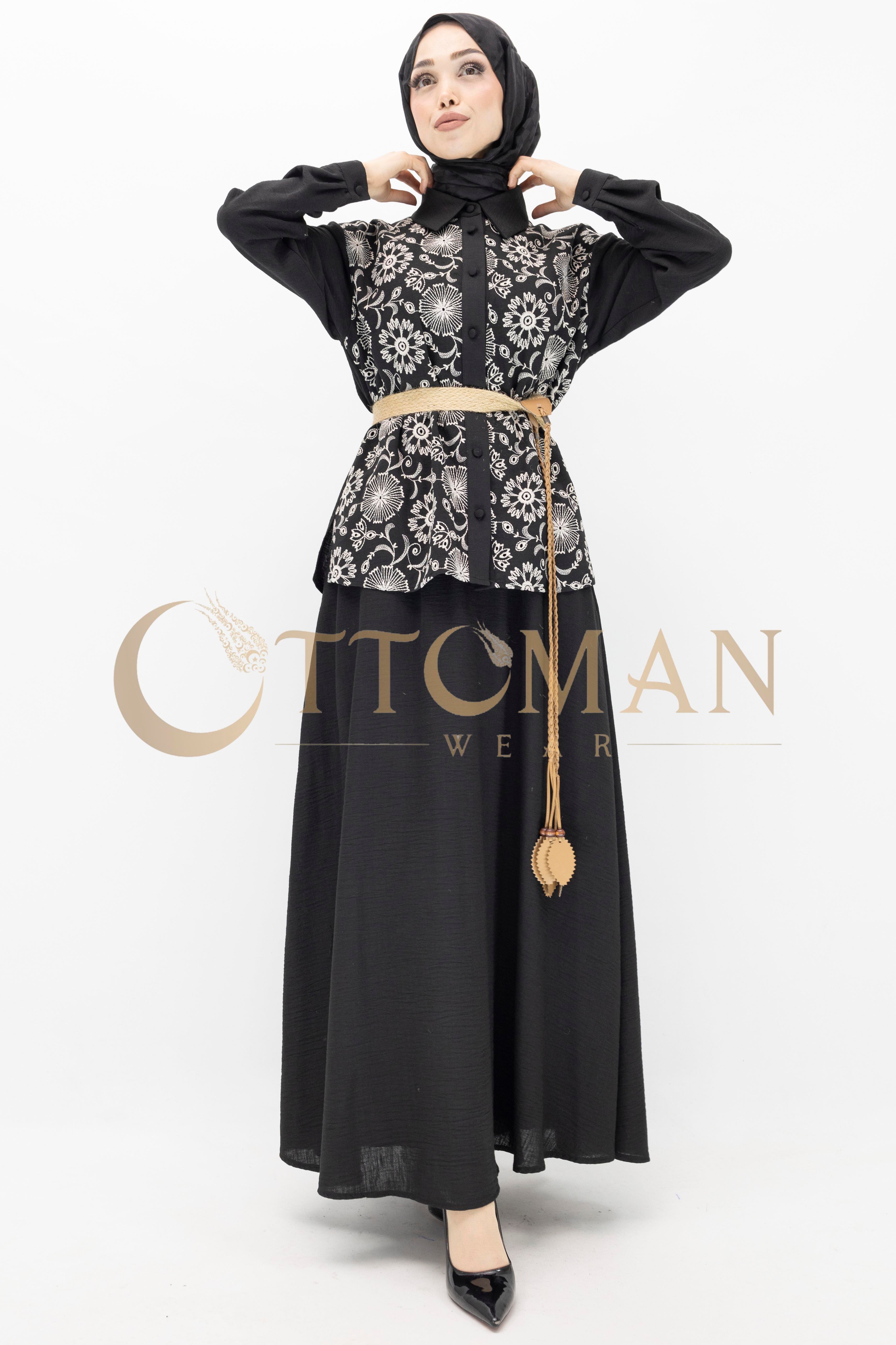 Floral Desenli Keten Etekli Takım Siyah OTW44843