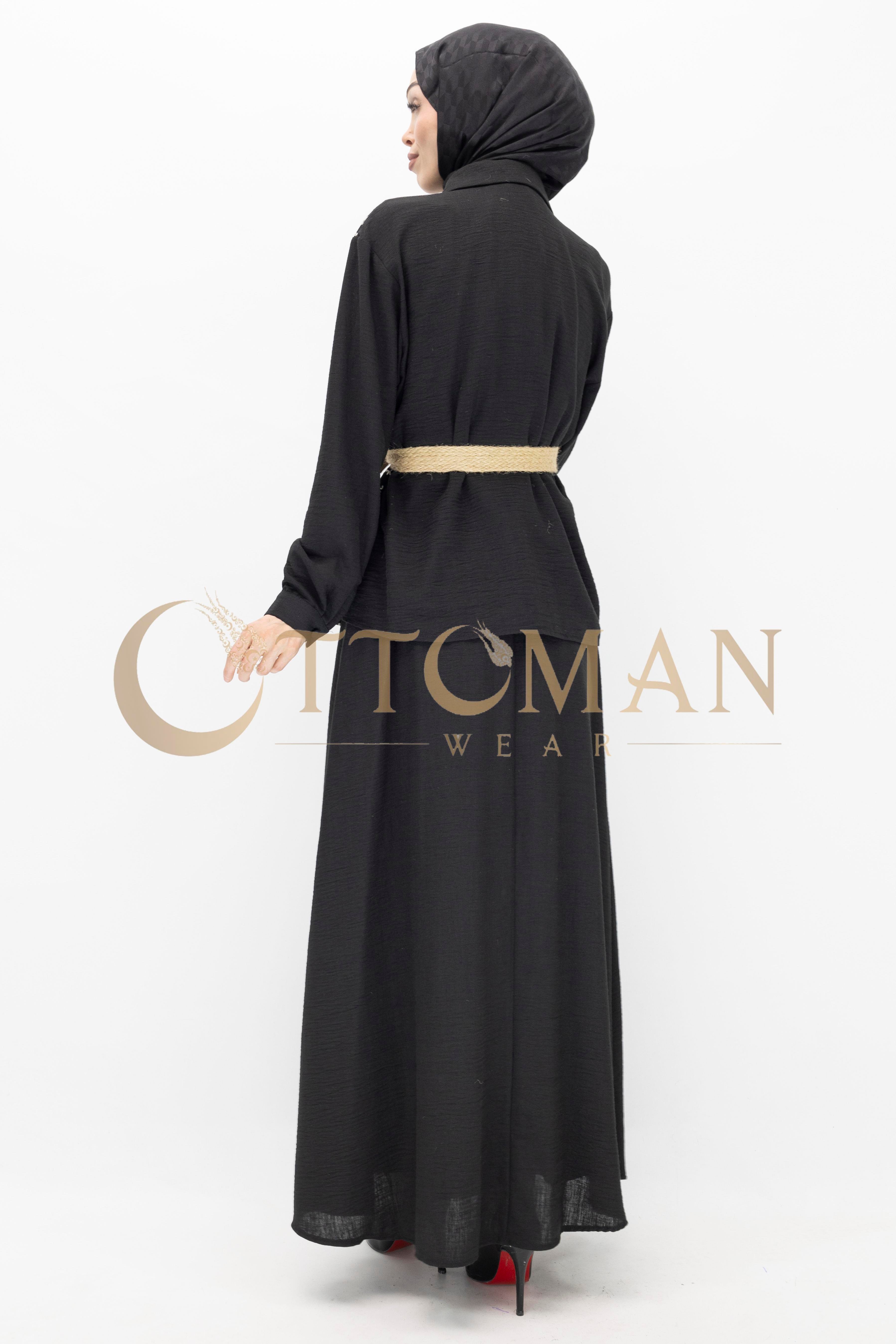 Floral Desenli Keten Etekli Takım Siyah OTW44843