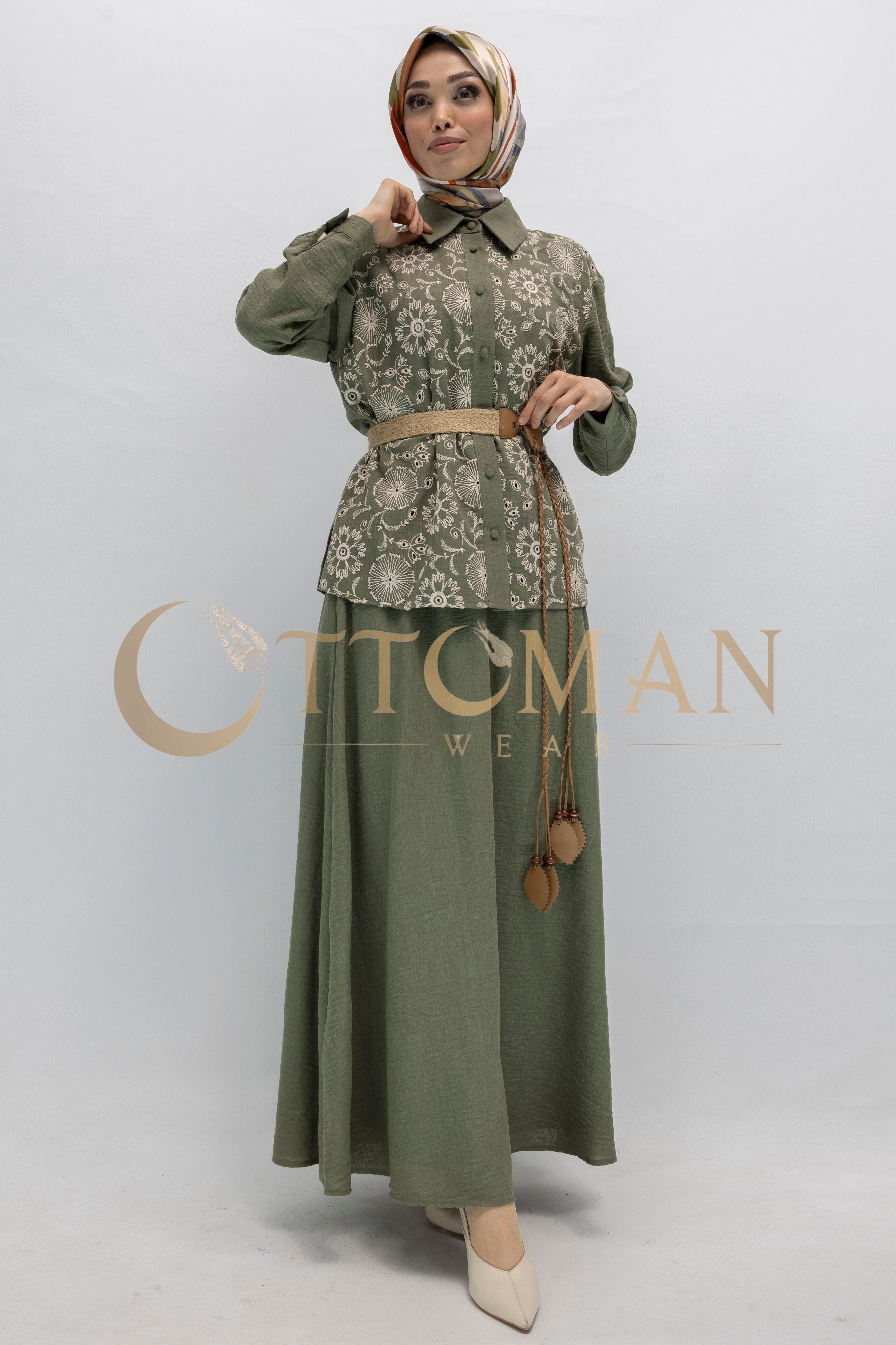 Floral Desenli Keten Etekli Takım Yeşil OTW44843