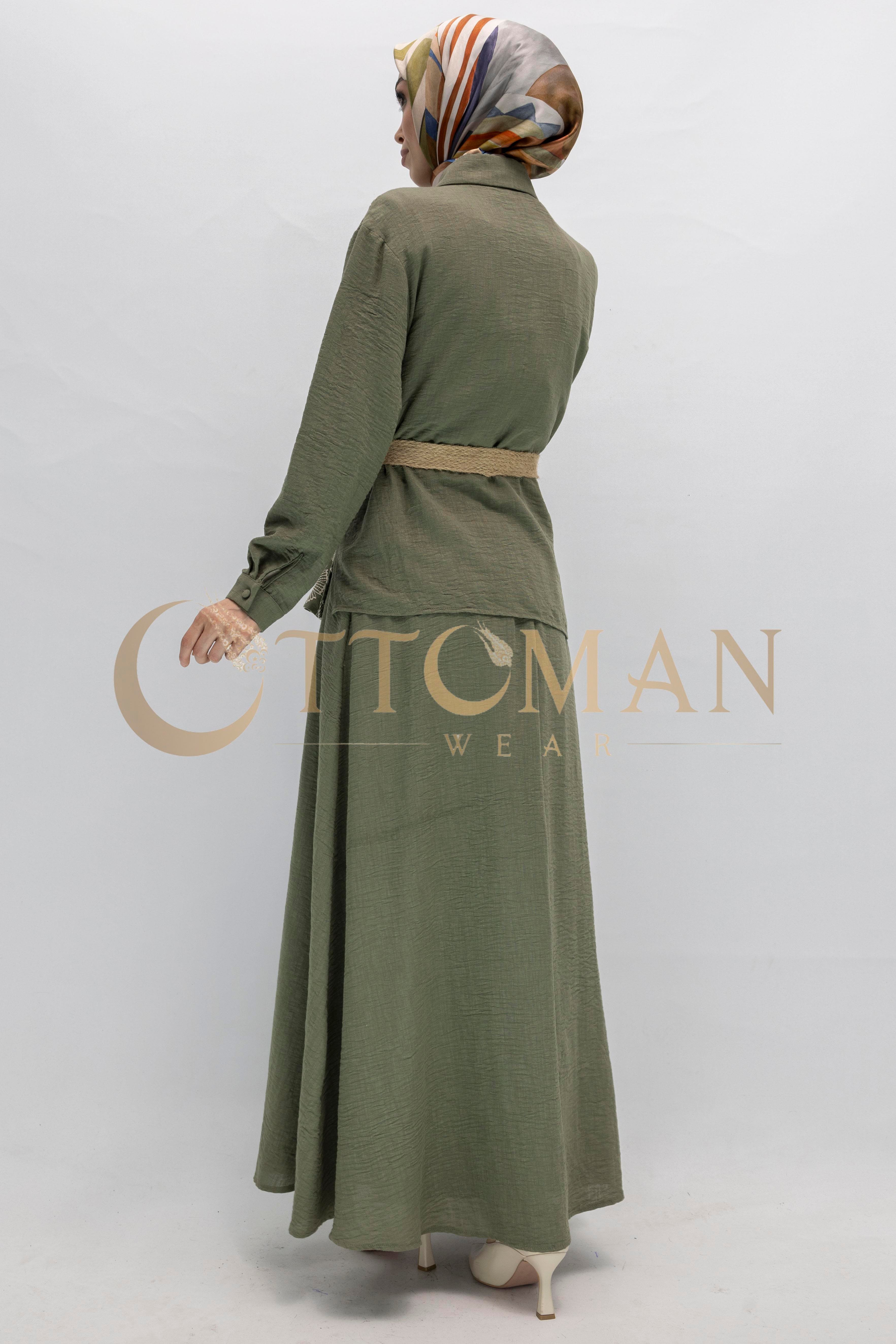 Floral Desenli Keten Etekli Takım Yeşil OTW44843