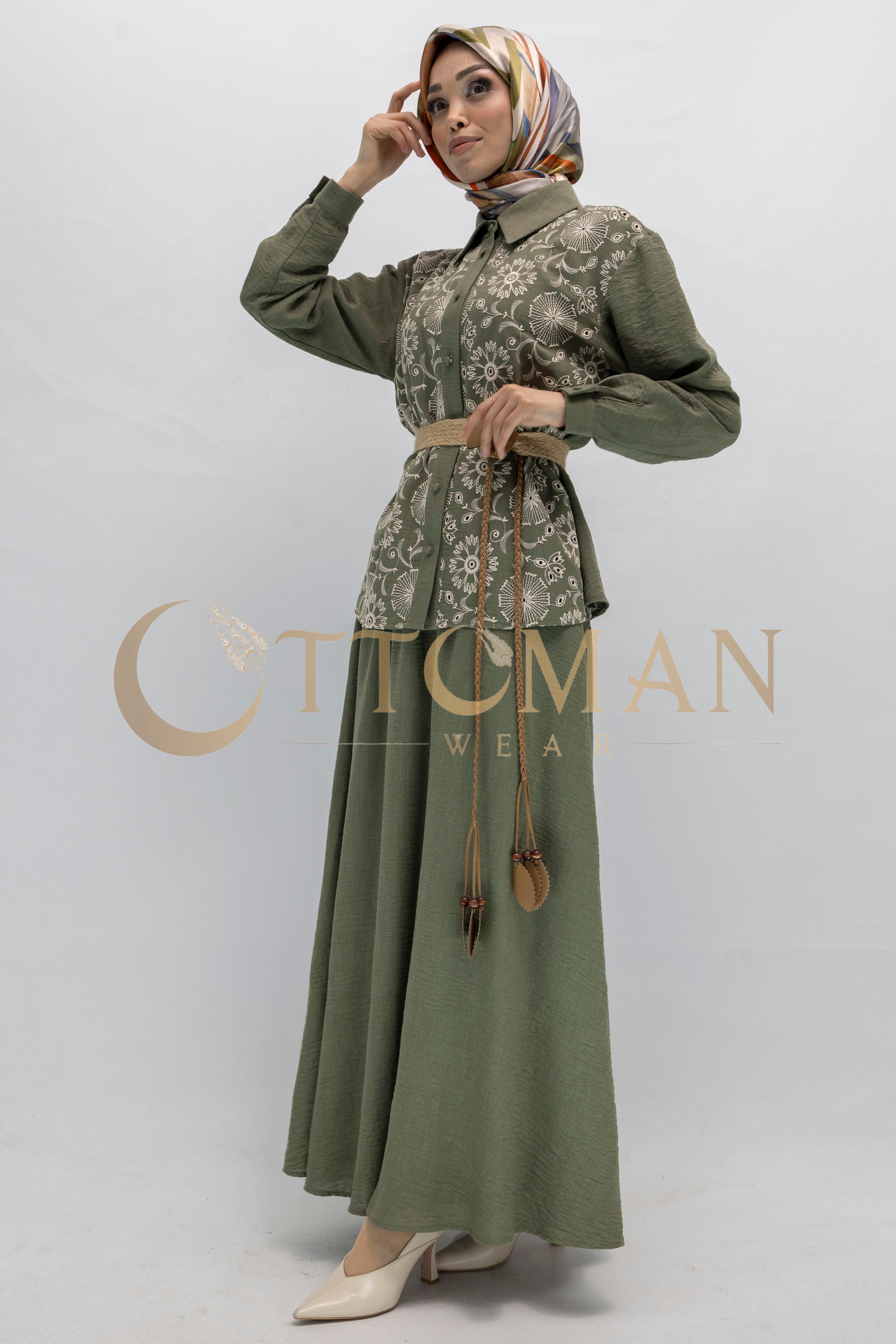 Floral Desenli Keten Etekli Takım Yeşil OTW44843