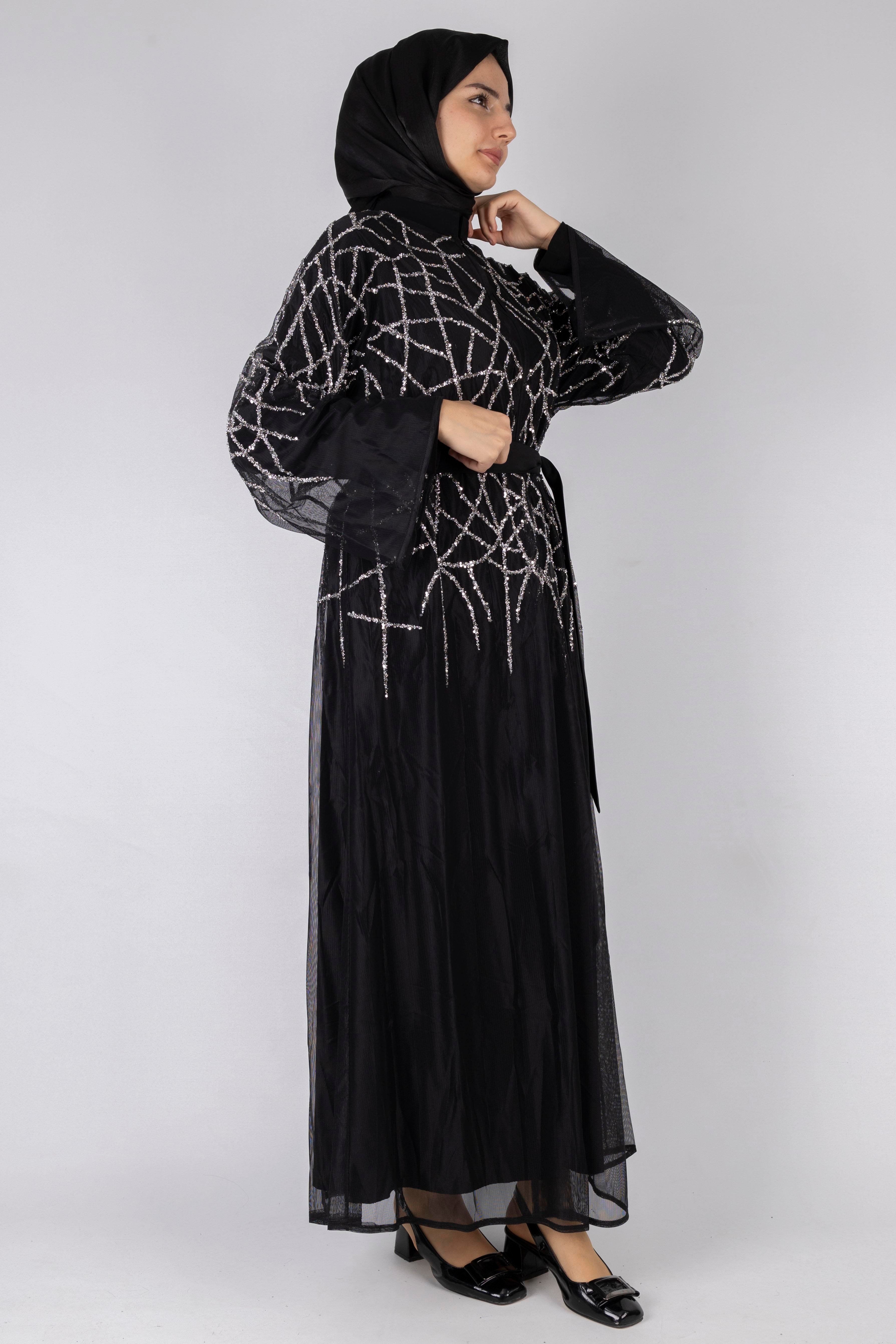 Geometrik Desenli Payet İşlemeli Abaya Siyah OTW6227