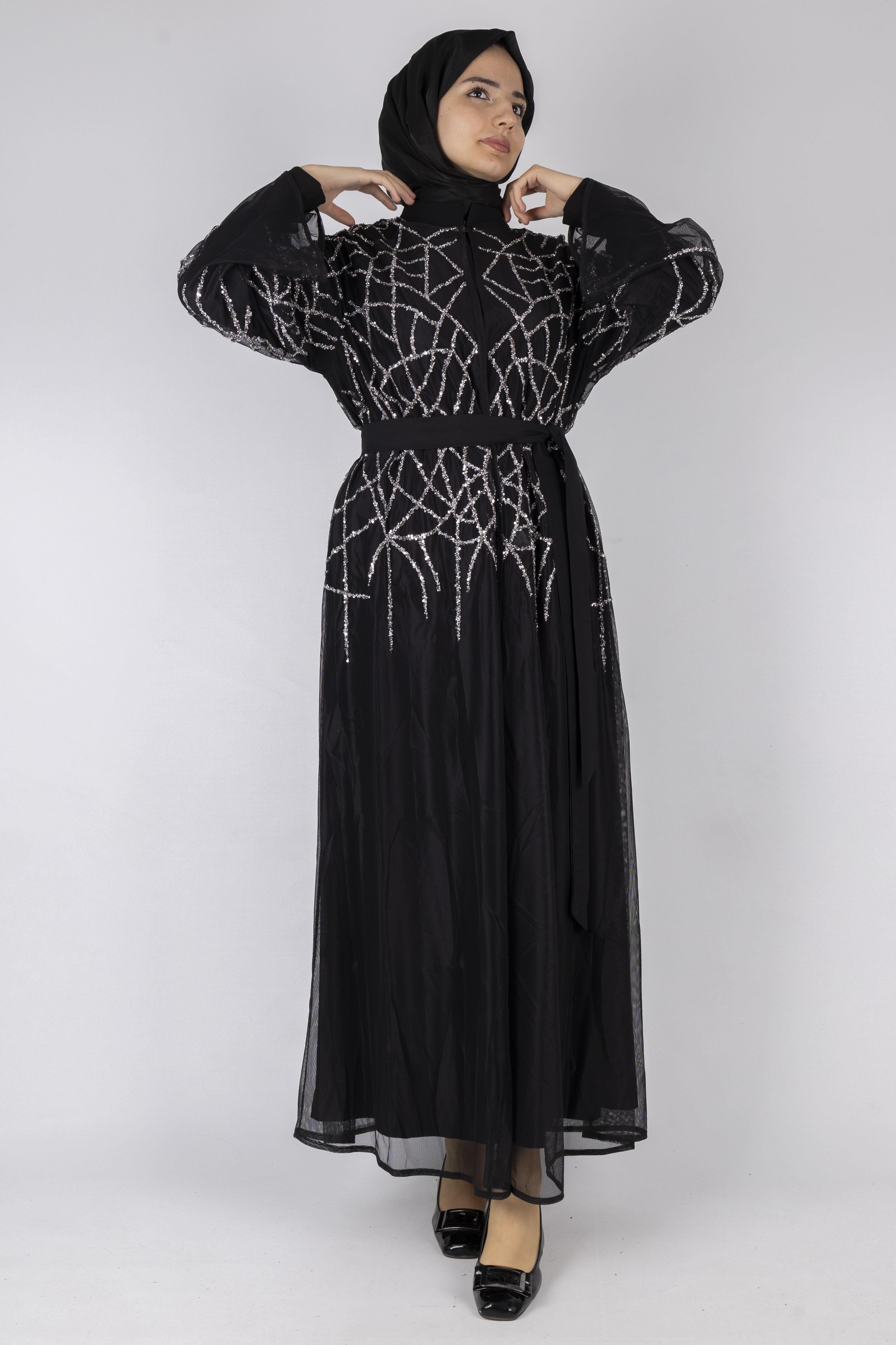 Geometrik Desenli Payet İşlemeli Abaya Siyah OTW6227