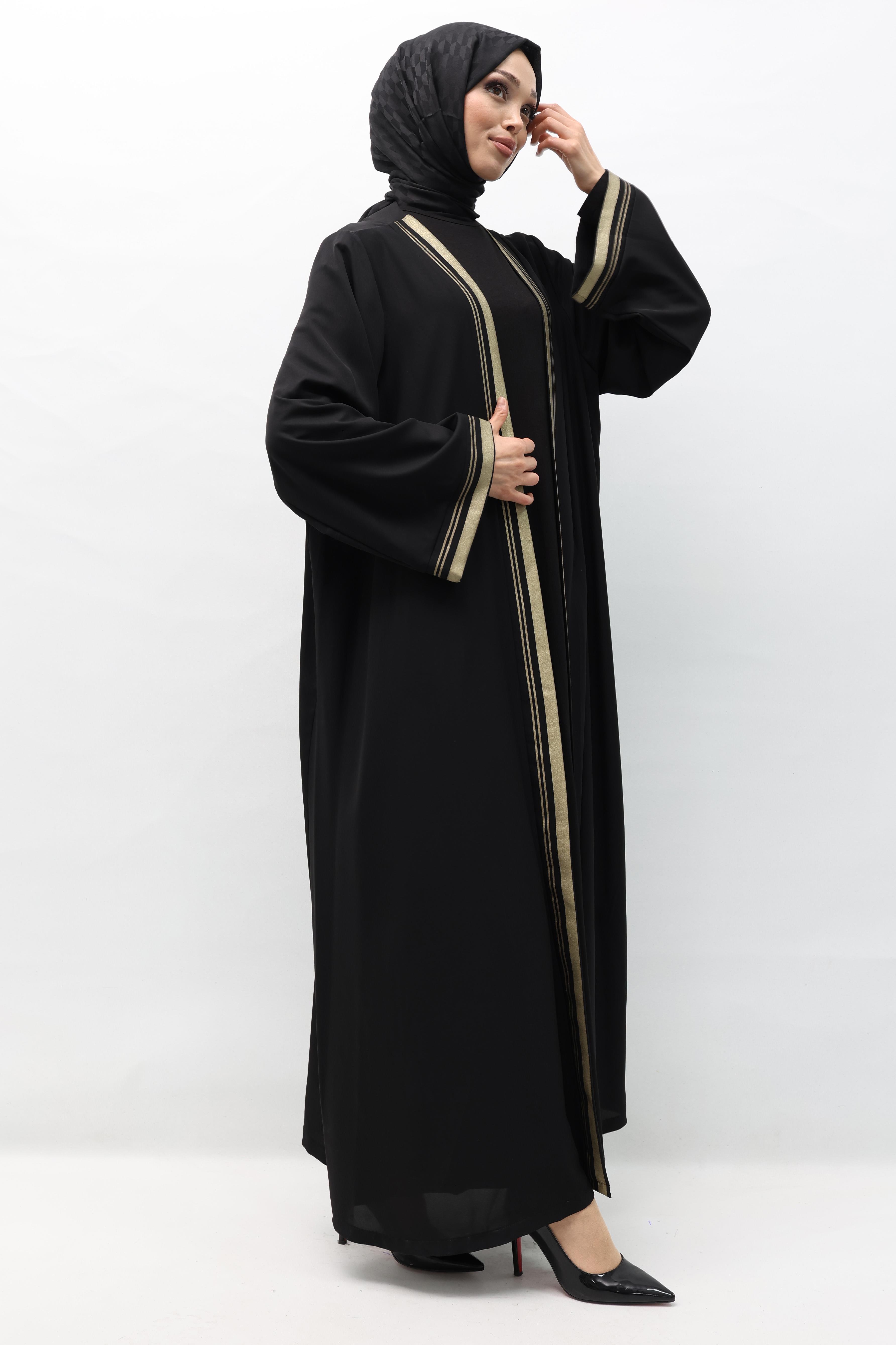 Gold Baskı Şık Abaya Siyah OTW347