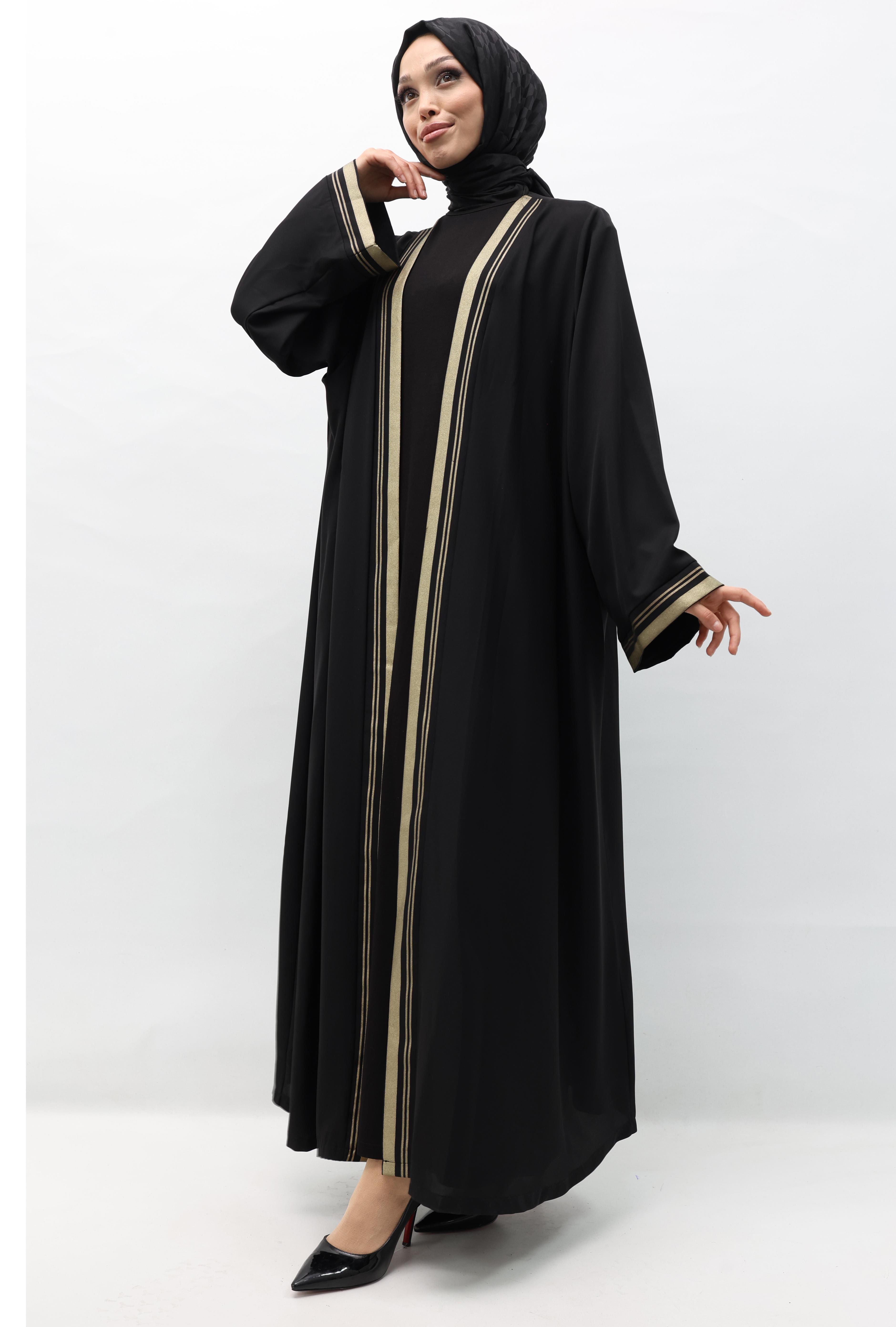 Gold Baskı Şık Abaya Siyah OTW347