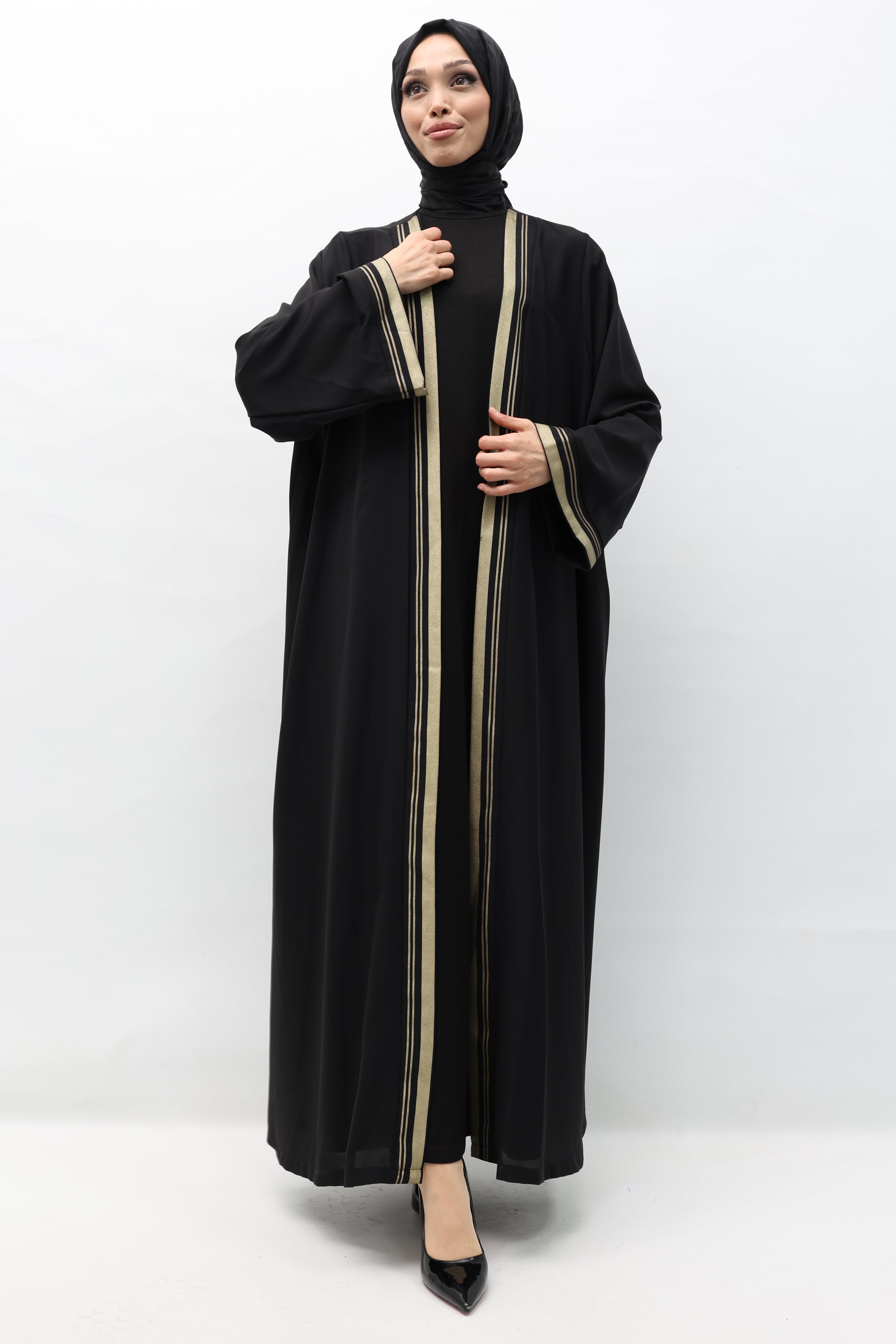 Gold Baskı Şık Abaya Siyah OTW347