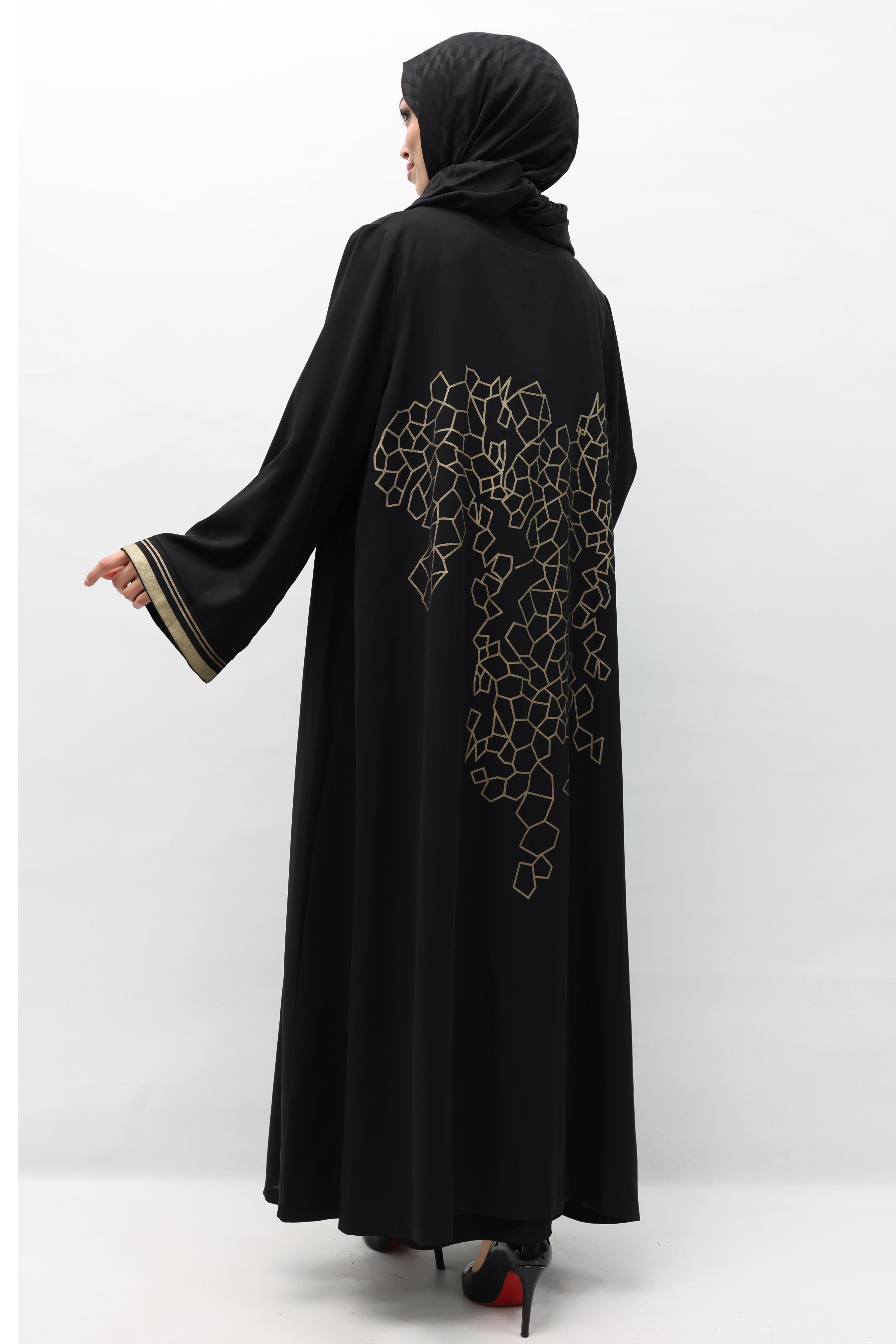 Gold Baskı Şık Abaya Siyah OTW347