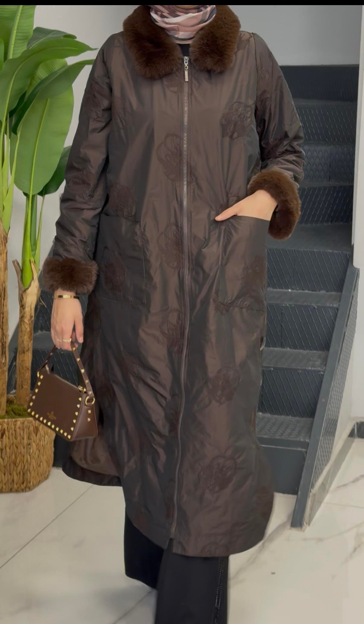 Güllü Desen Kürk Detaylı Kap Kahve OTW6123