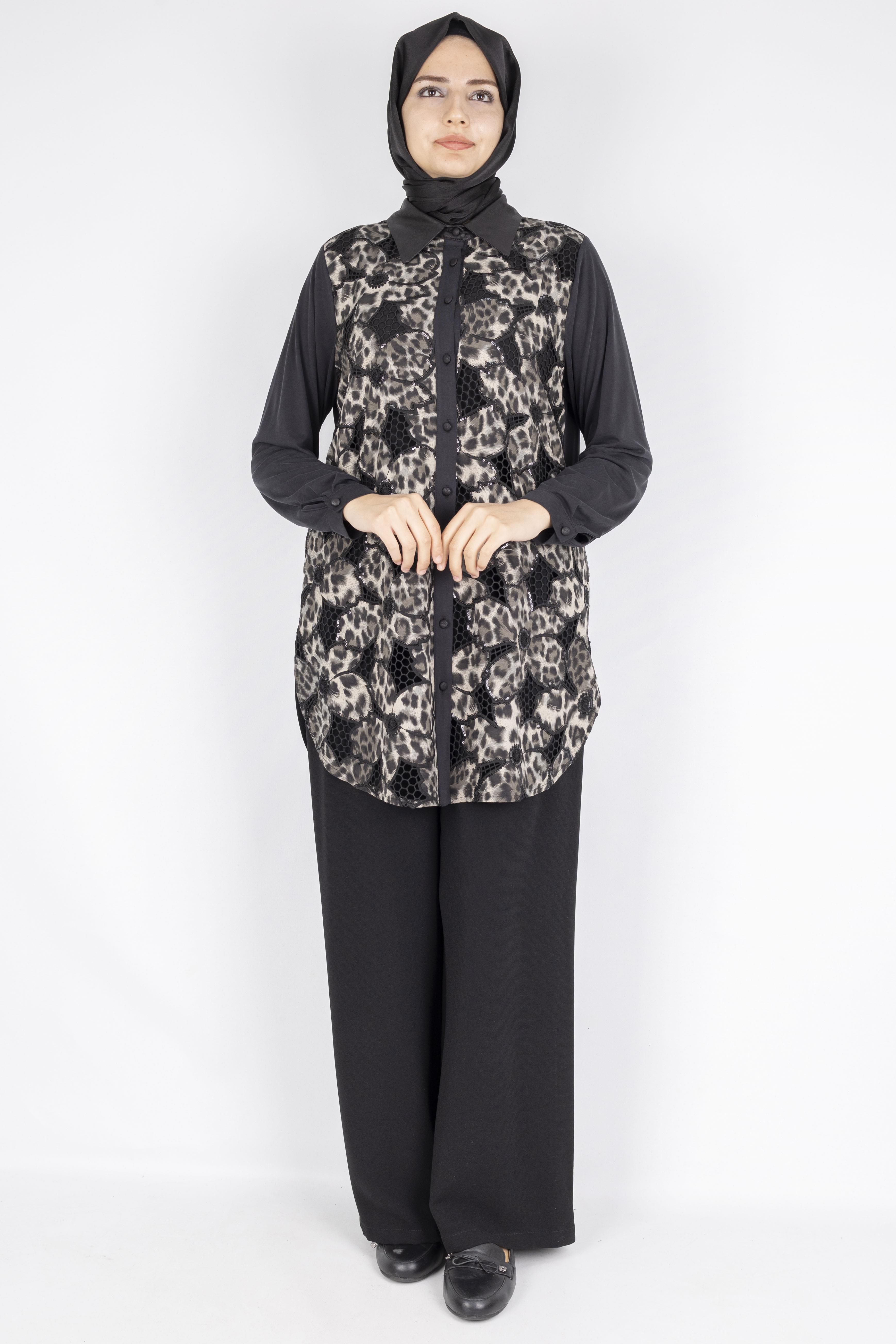 Gzll Gömlek OTW45405 Leopar Desenli Düğmeli Tunik Gömlek Siyah 45405