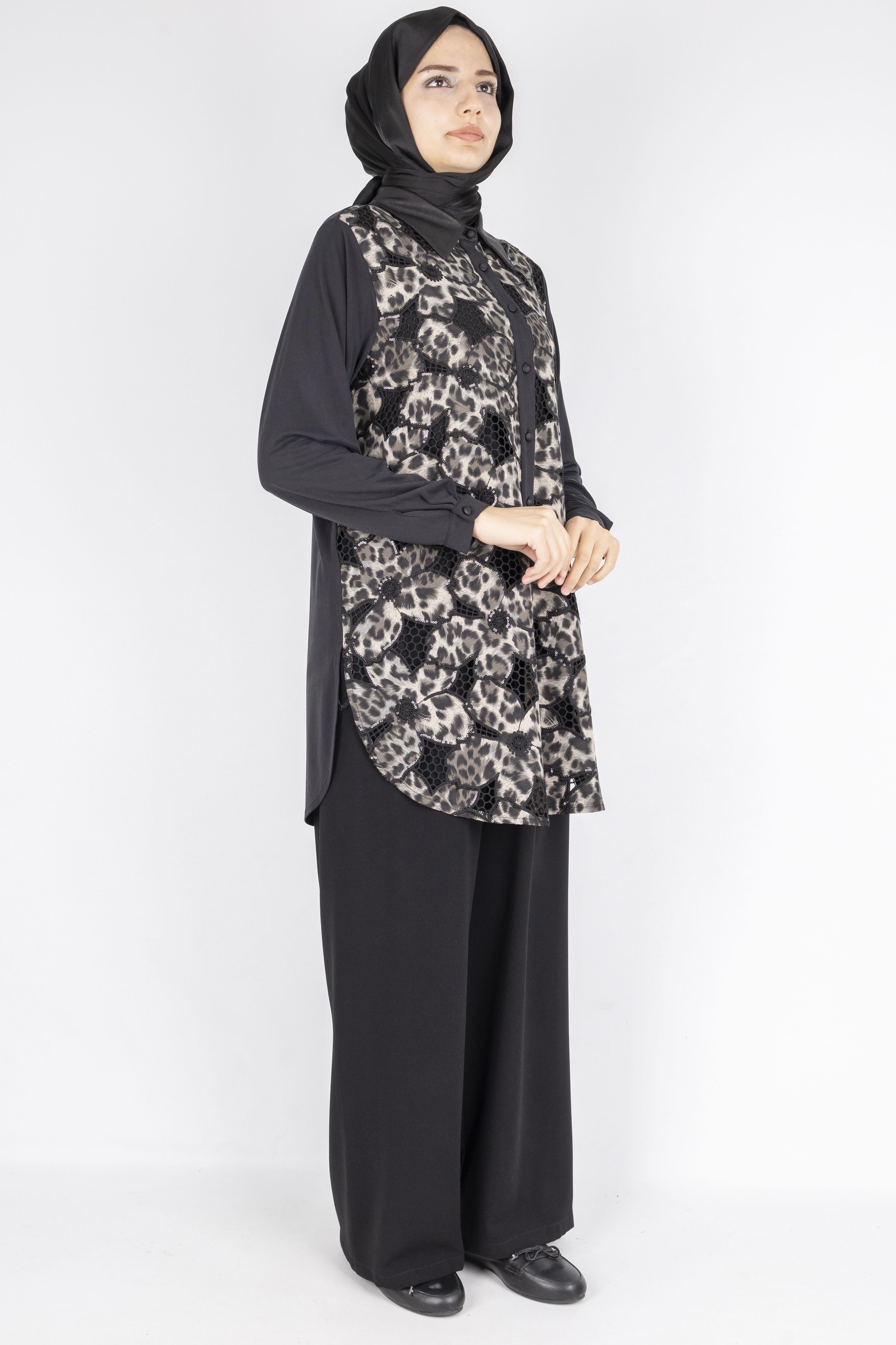 Gzll Gömlek OTW45405 Leopar Desenli Düğmeli Tunik Gömlek Siyah 45405