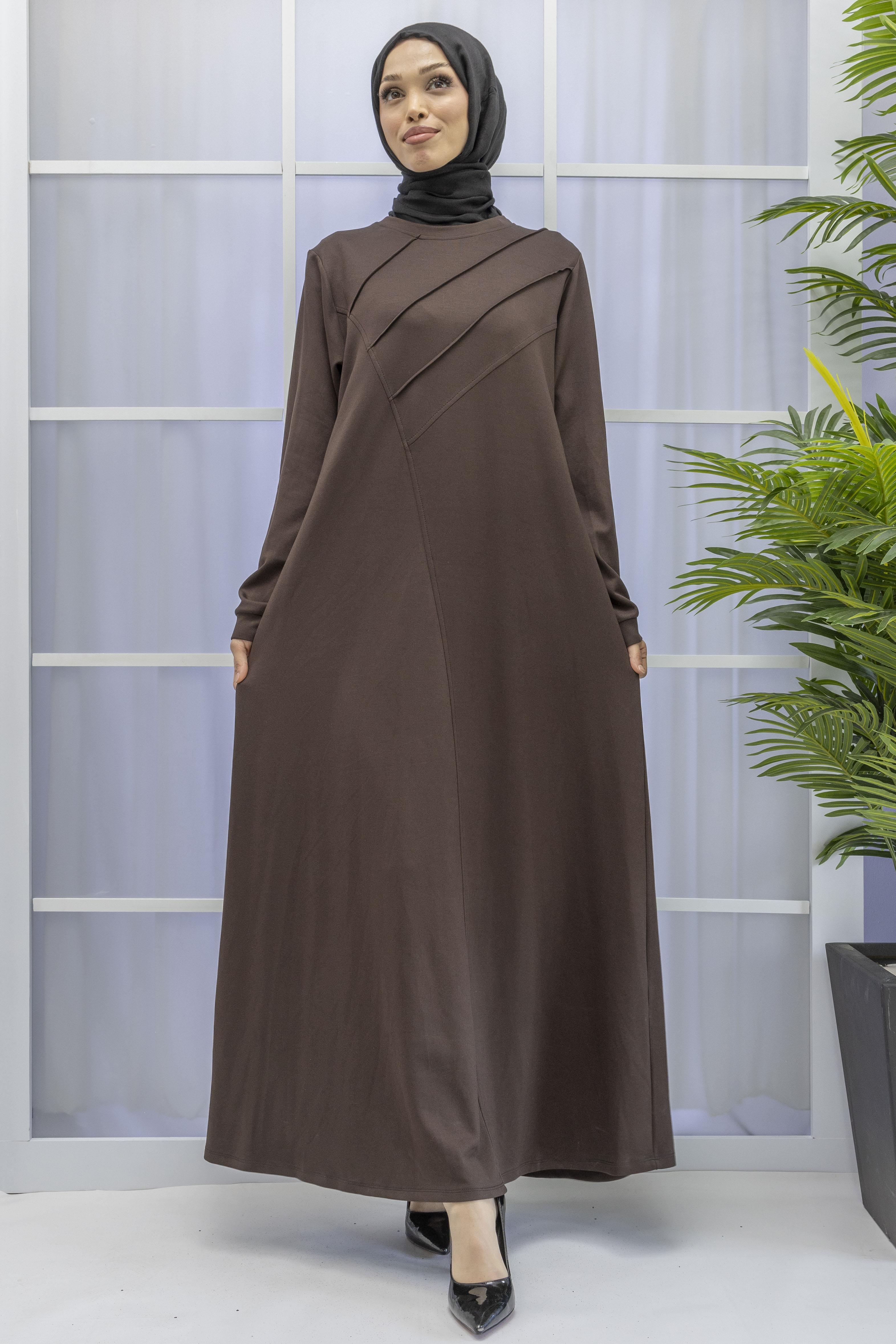 İKİ İPLİK PENYE ÇIMALI ELBİSE Kahve OTW767