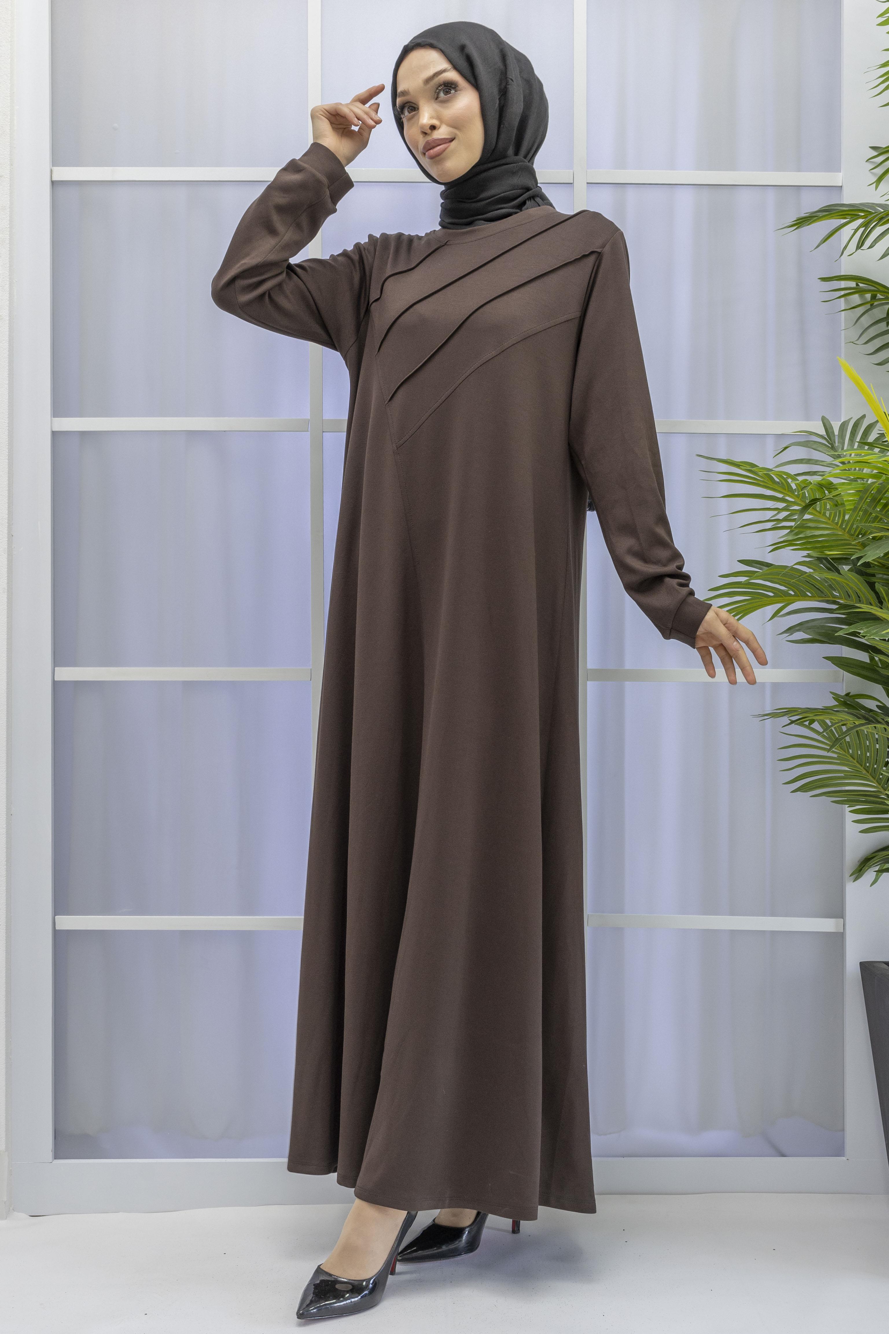 İKİ İPLİK PENYE ÇIMALI ELBİSE Kahve OTW767