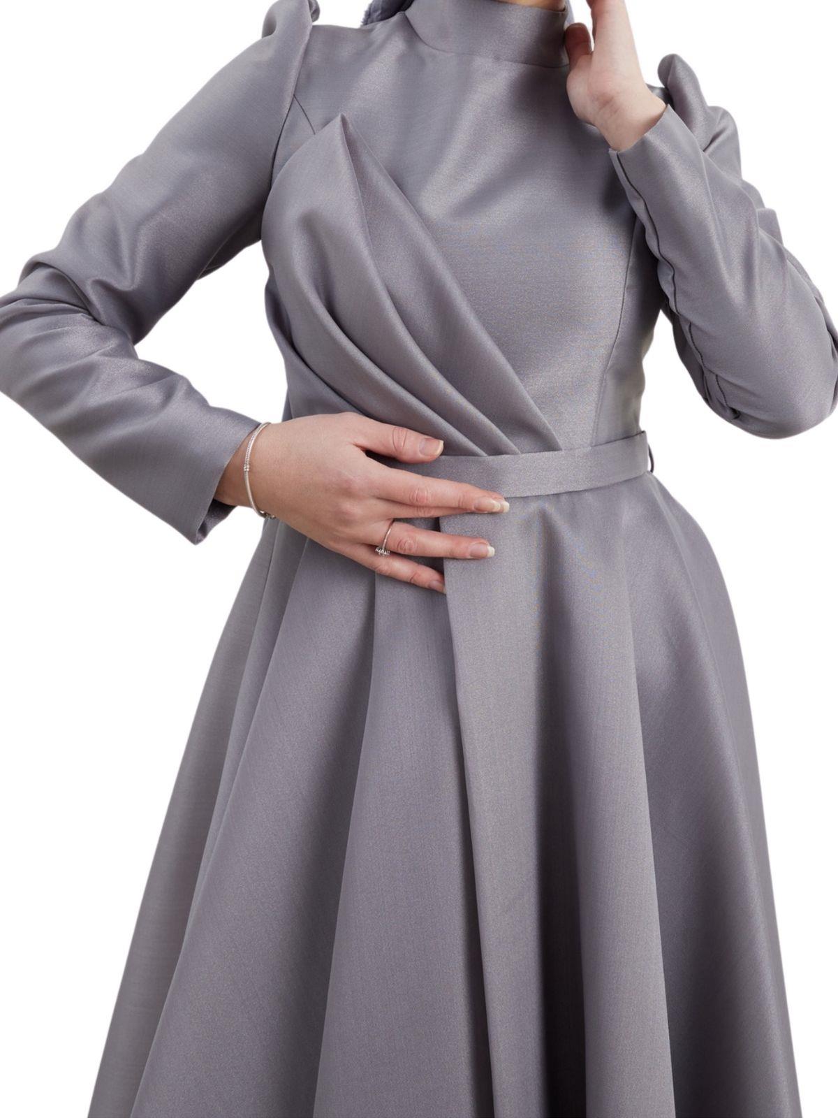 İnce Kemerli Abiye Elbise Gri OTW4547
