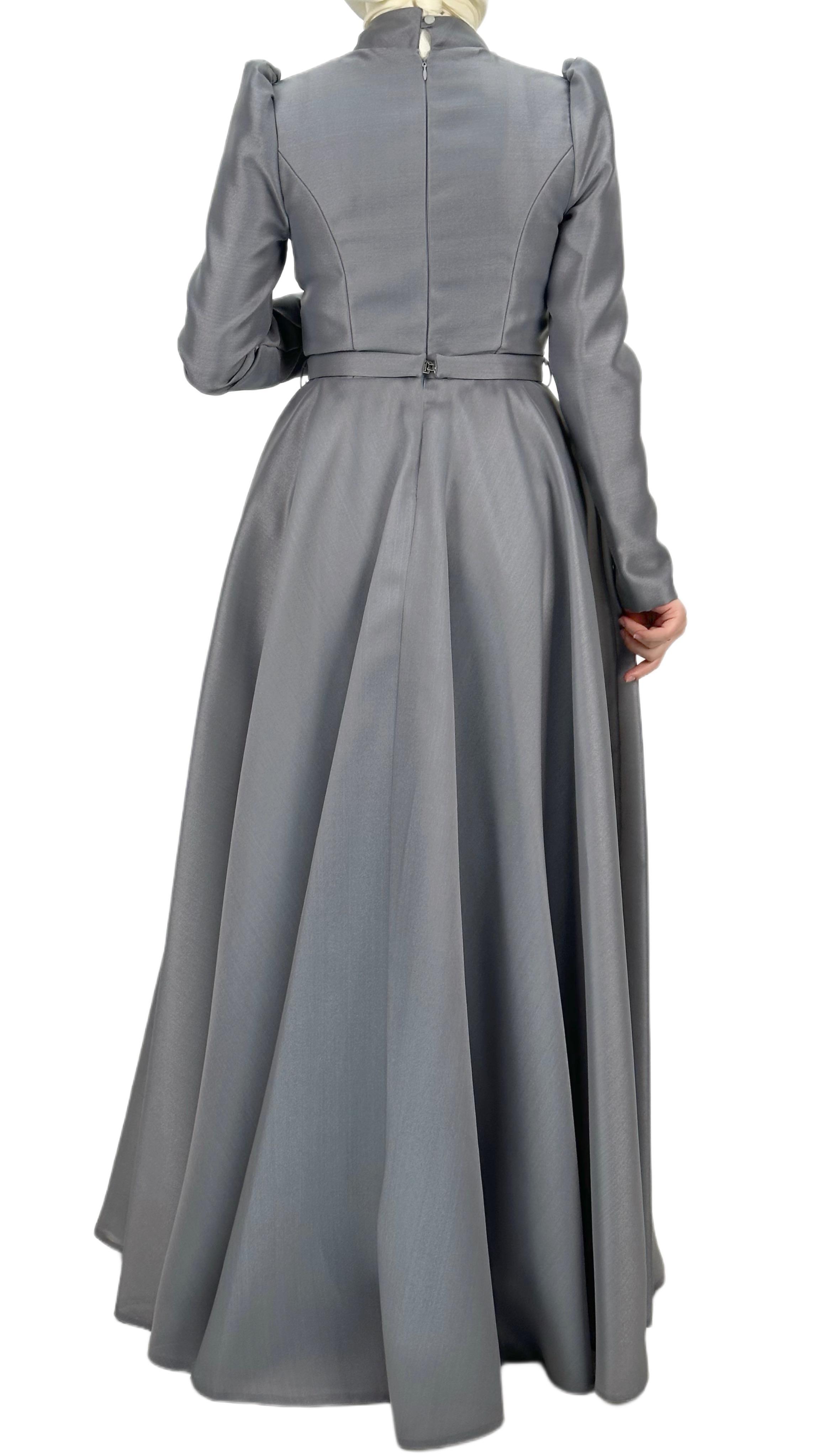 İnce Kemerli Abiye Elbise Gri OTW4547