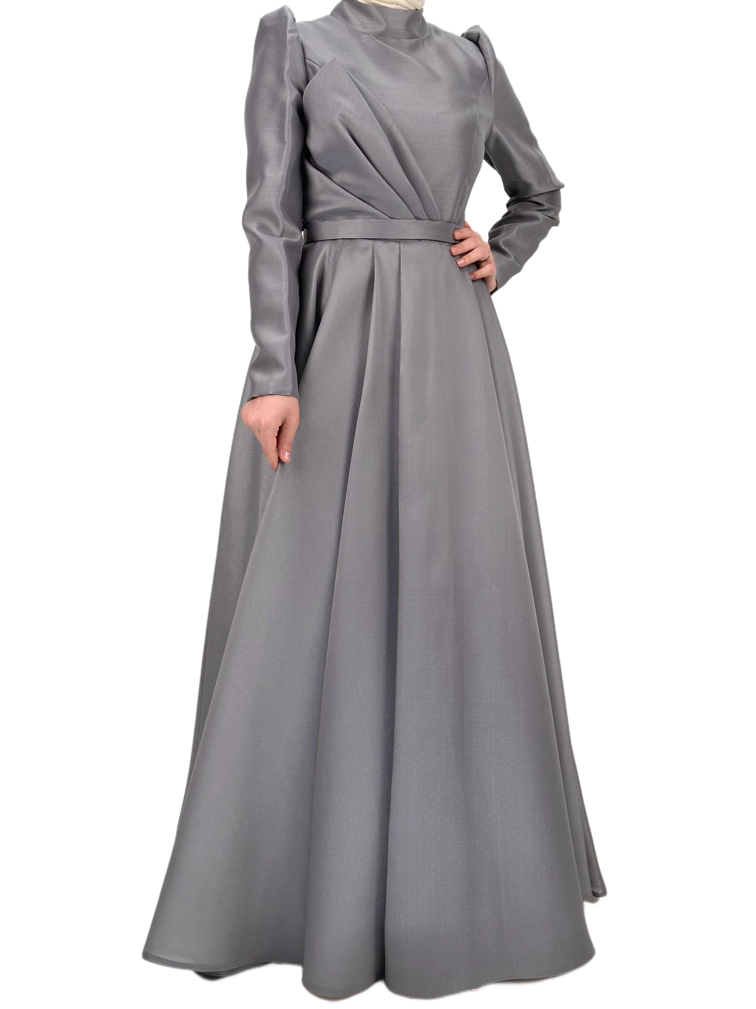 İnce Kemerli Abiye Elbise Gri OTW4547